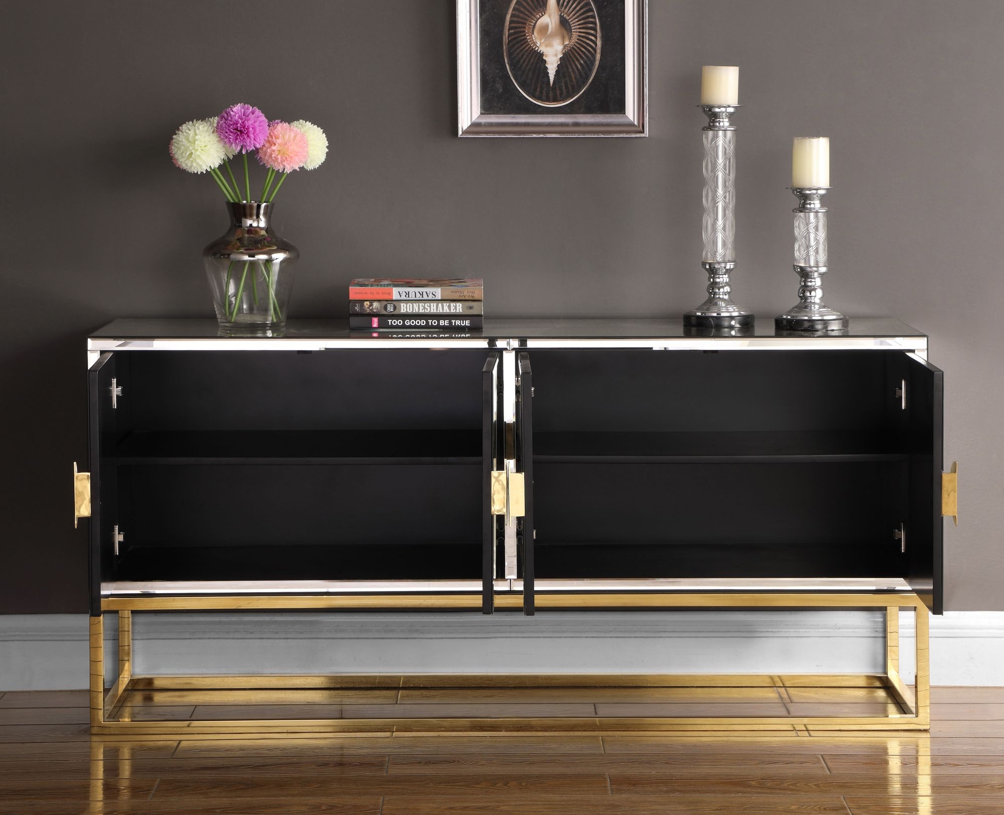 Marbella 4-Door Mirrored Sideboard with Stainless Steel Base & Handles