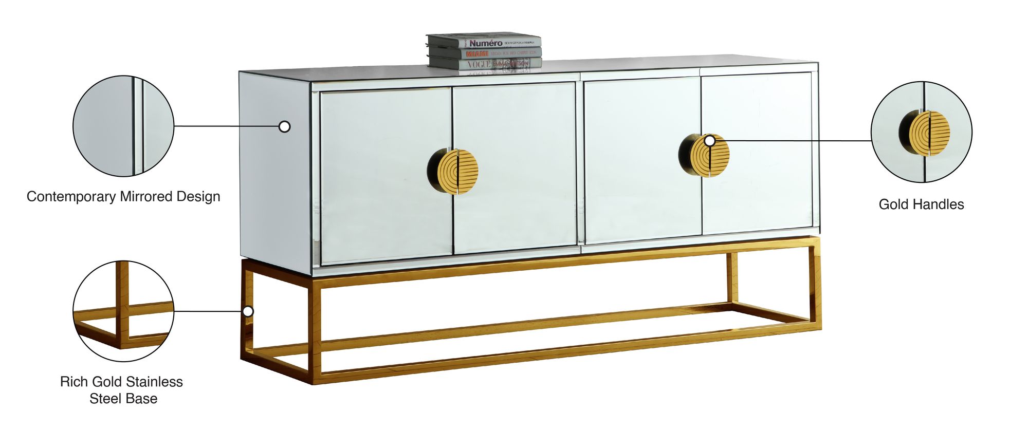 Marbella 4-Door Mirrored Sideboard with Gold Stainless Steel Base & Handles