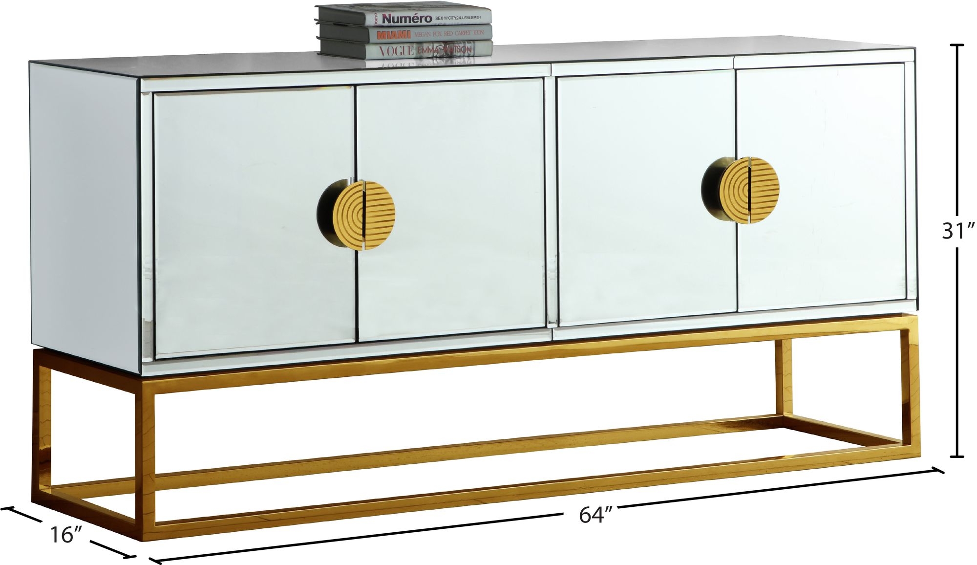 Marbella 4-Door Mirrored Sideboard with Stainless Steel Base & Handles