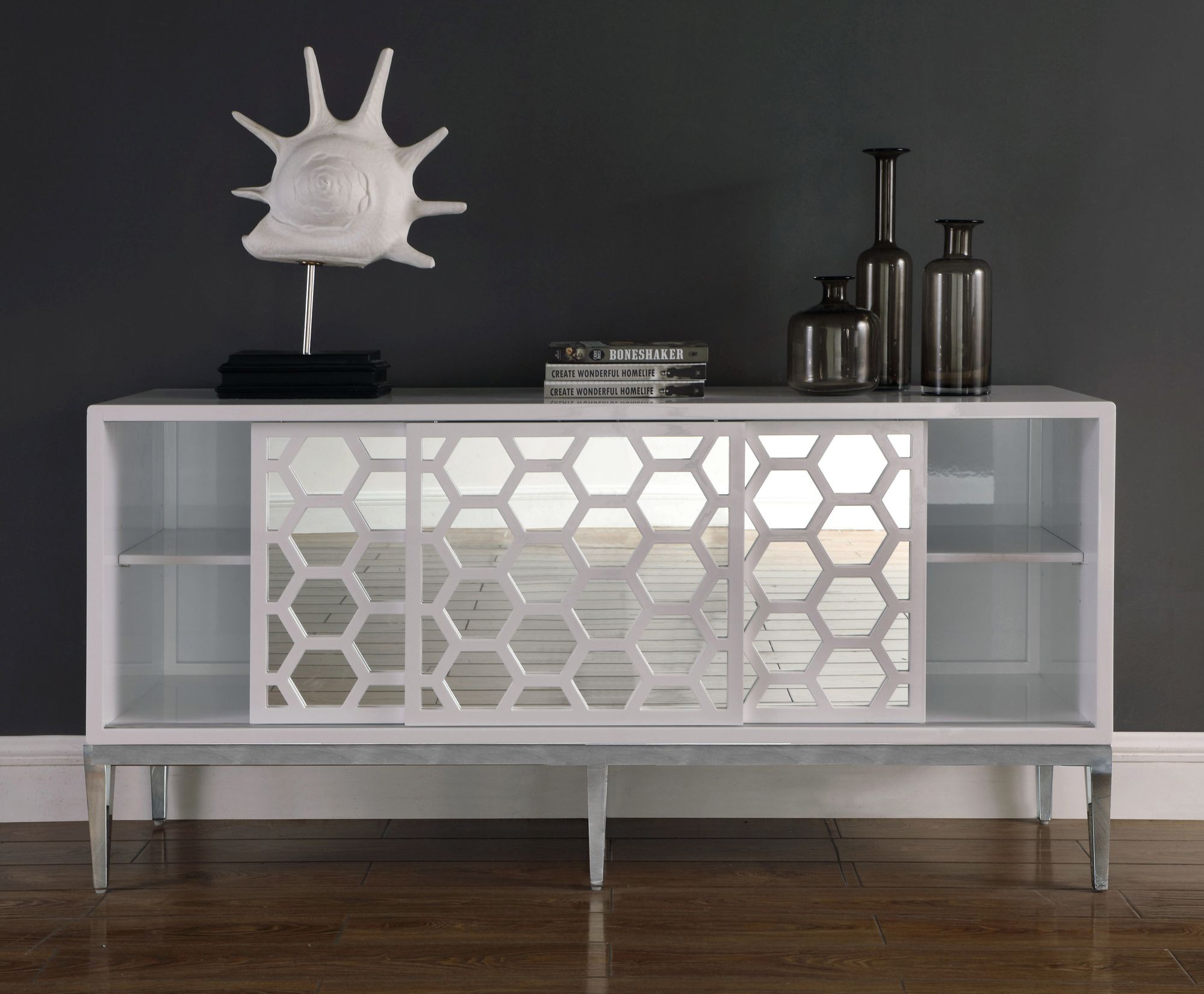 Zoey 2-Sliding Door Lacquer Sideboard with Mirrored Doors