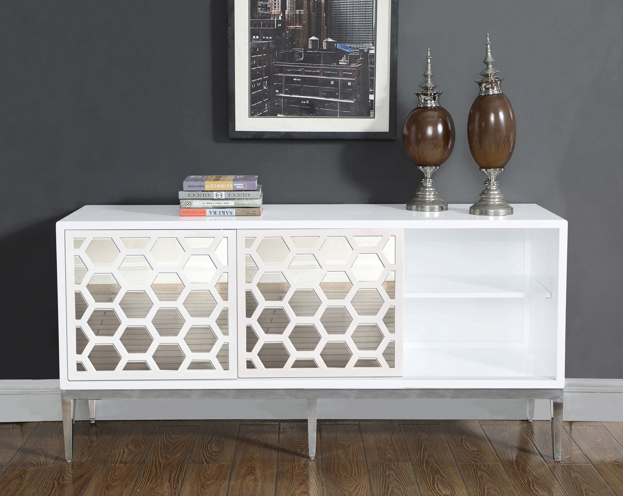 Zoey 2-Sliding Door Lacquer Sideboard with Mirrored Doors