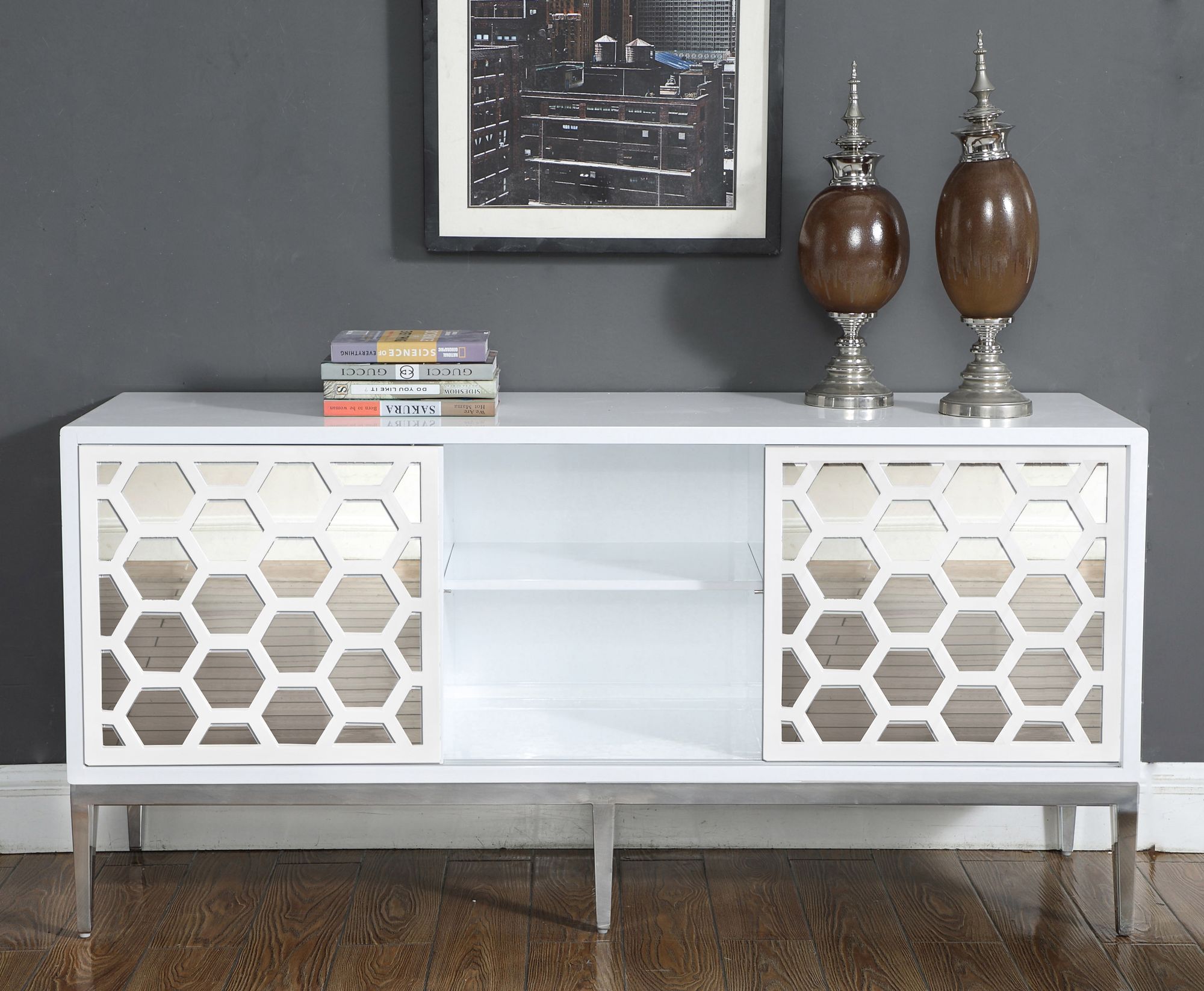 Zoey 2-Sliding Door Lacquer Sideboard with Mirrored Doors