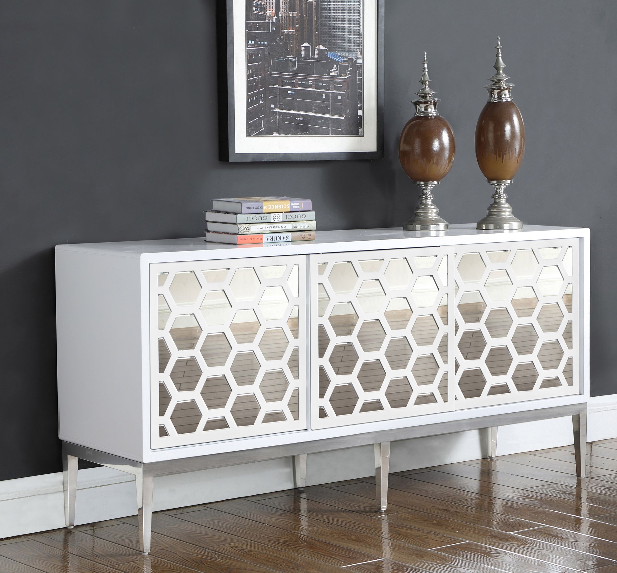 Zoey 2-Sliding Door Lacquer Sideboard with Mirrored Doors