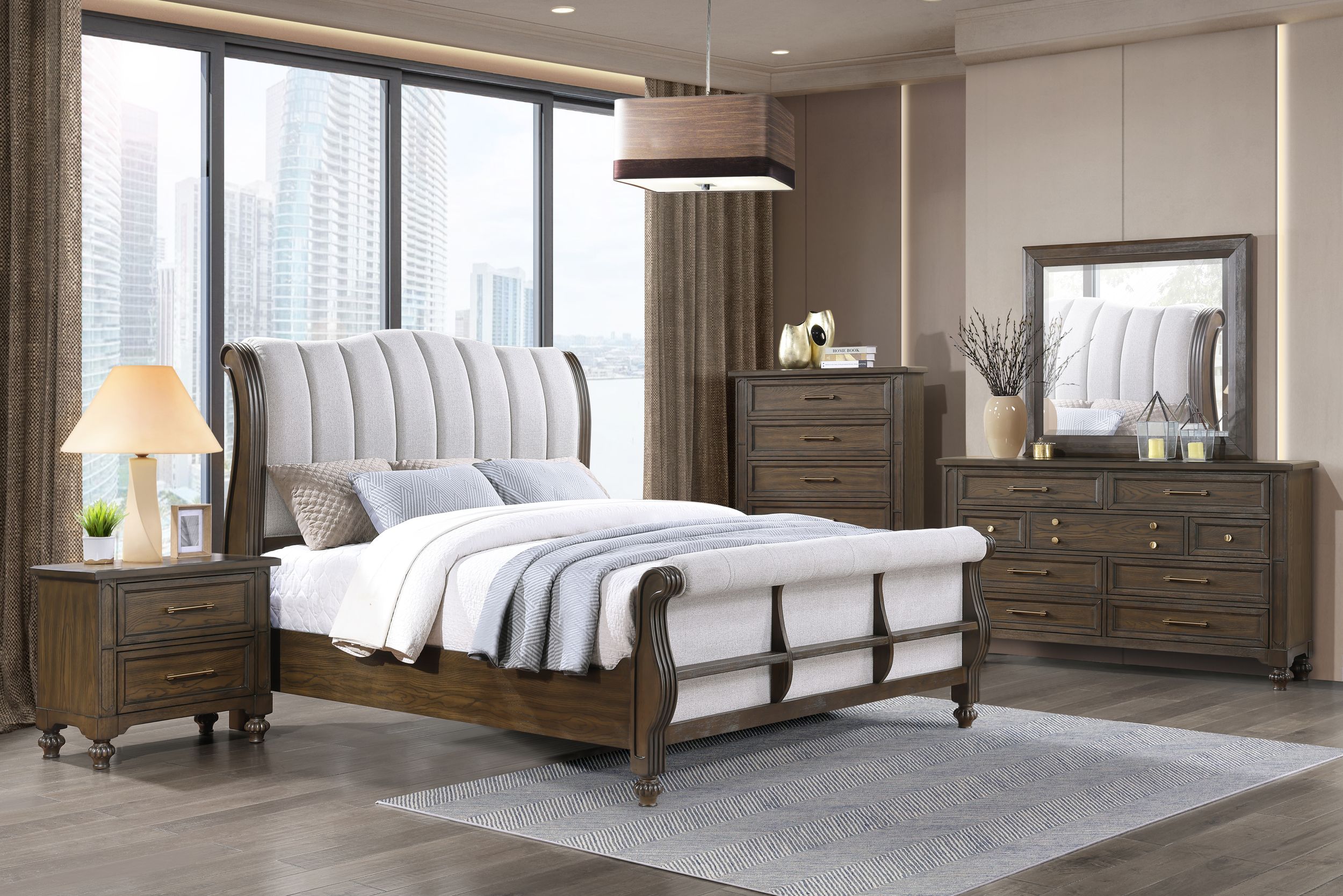 Marina King Sleigh Bed Channel-Tufted Upholstered Sleigh Bed with Carved Legs
