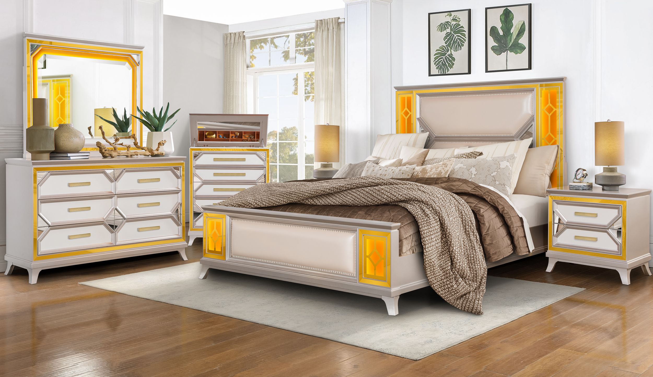 Claire 2-Drawer Nightstand Gloss Wood Bedside Table with Gold LED Trim & Mirror Accents