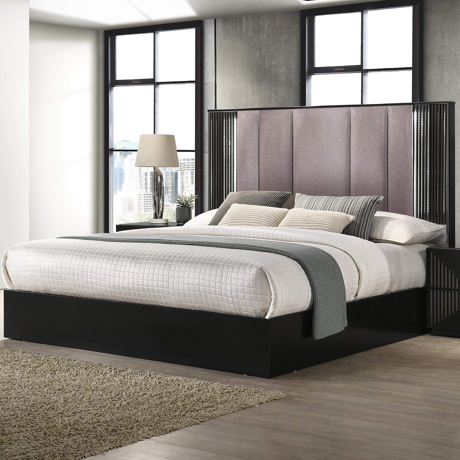 Rosette Leatherette Queen Size Bed w/LED