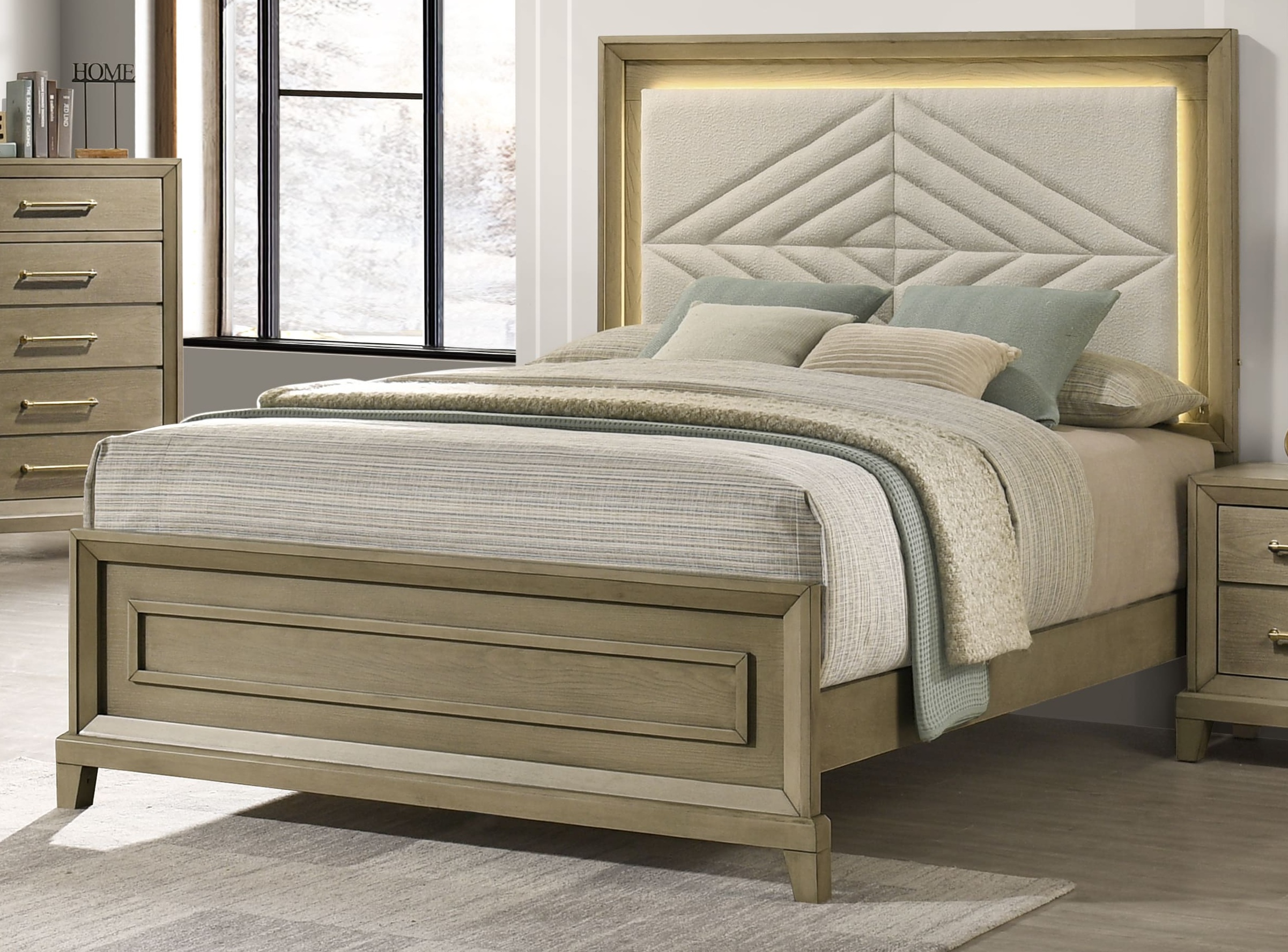 Dove LED Bed Panel Bed with Diamond-Tufted Upholstered Headboard