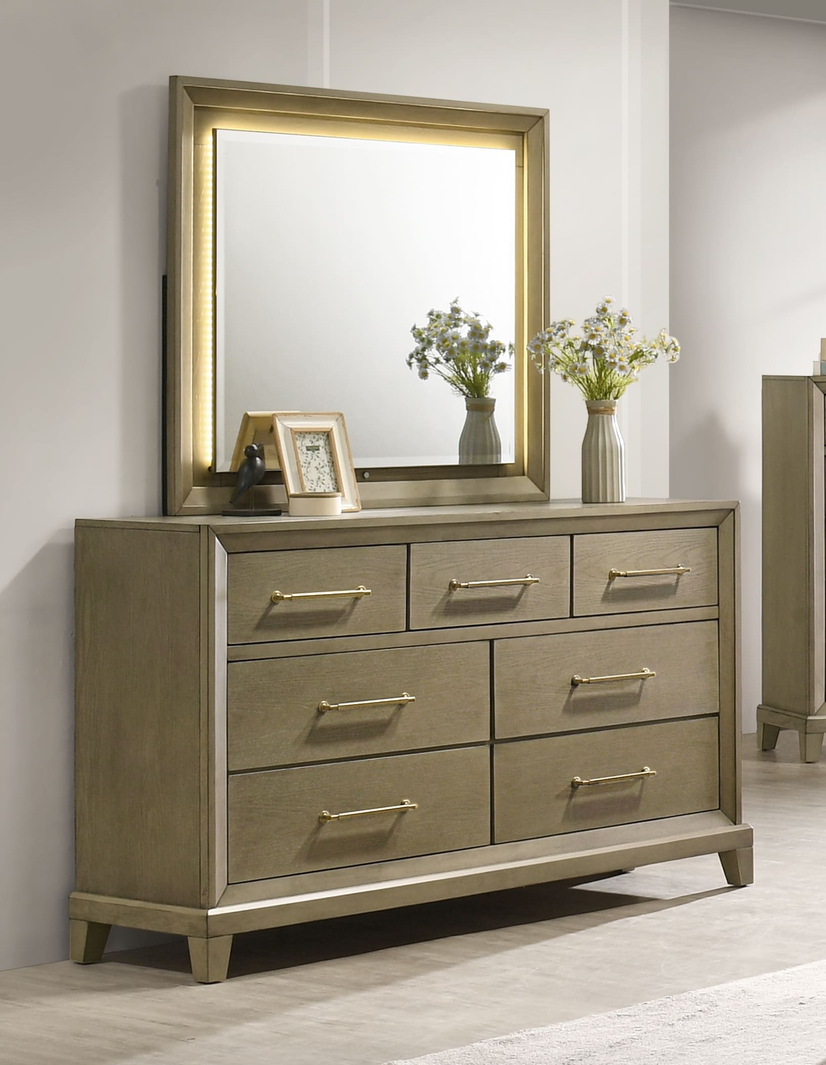 Dove Bedroom Set LED Bedroom Furniture with Wireless Charging & Gold Accents