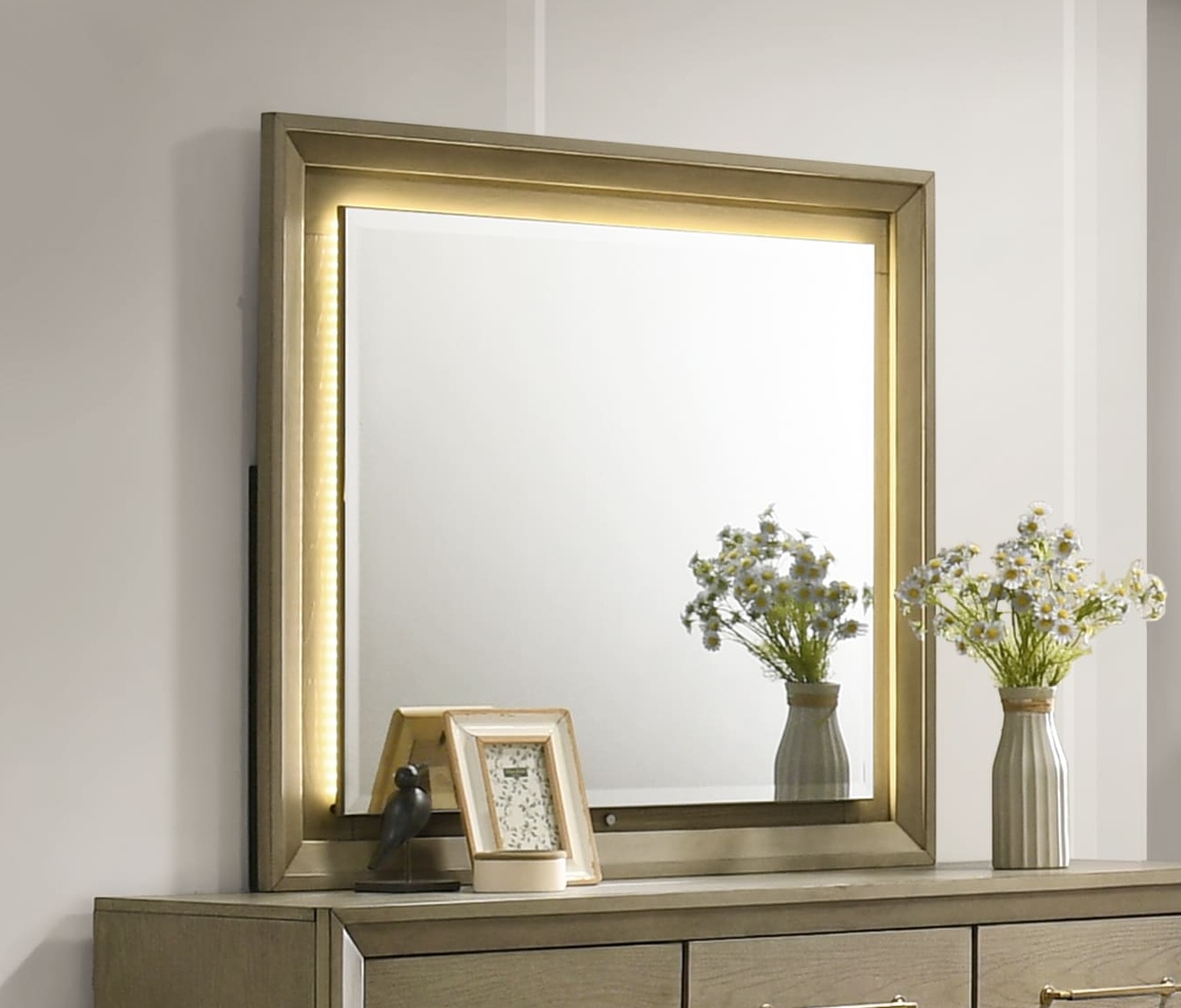 Dove Bedroom Set LED Bedroom Furniture with Wireless Charging & Gold Accents