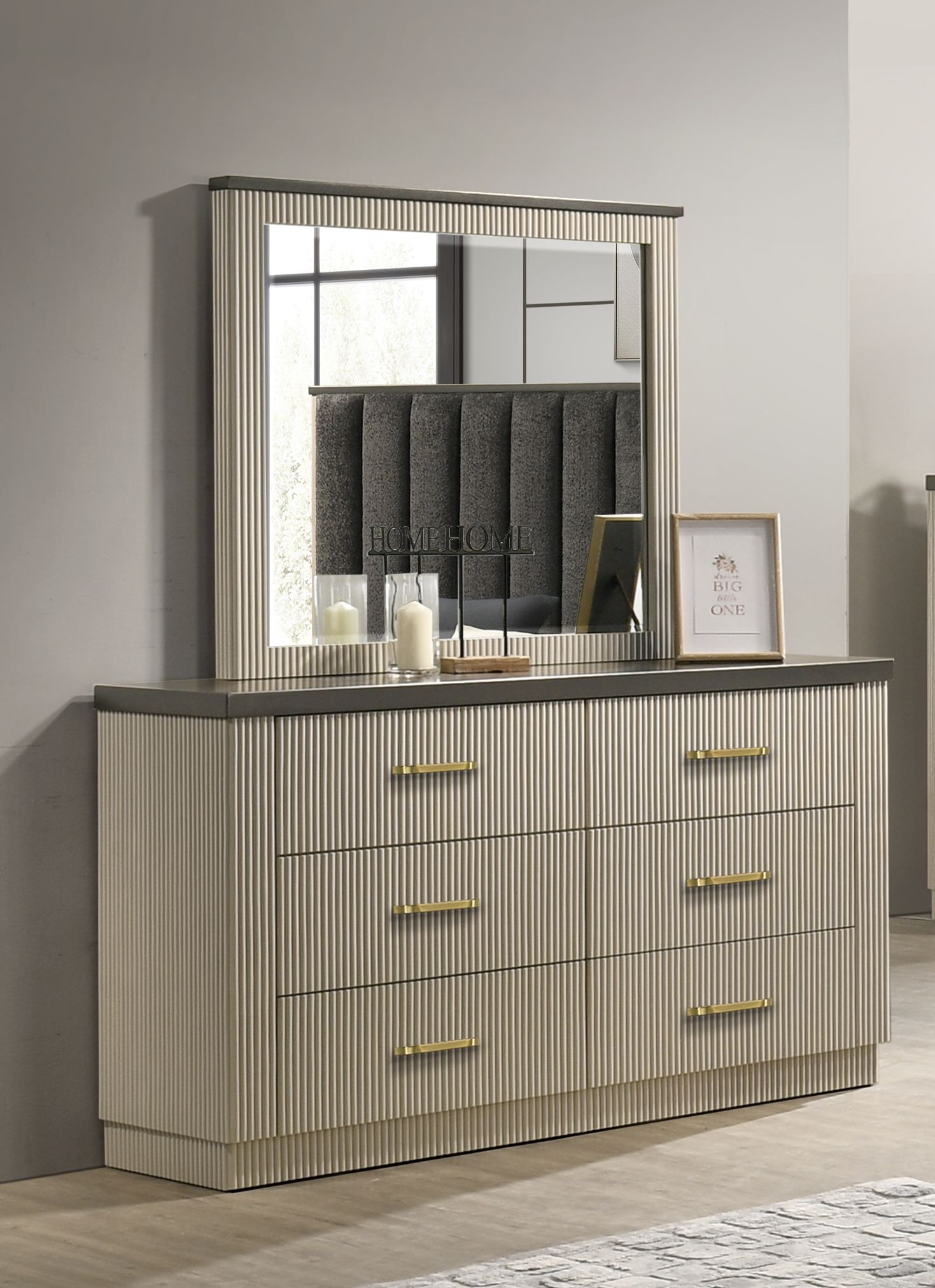 Casey Dresser Mirror Rectangular Fluted Wood Framed Bedroom Mirror in Cream & Charcoal