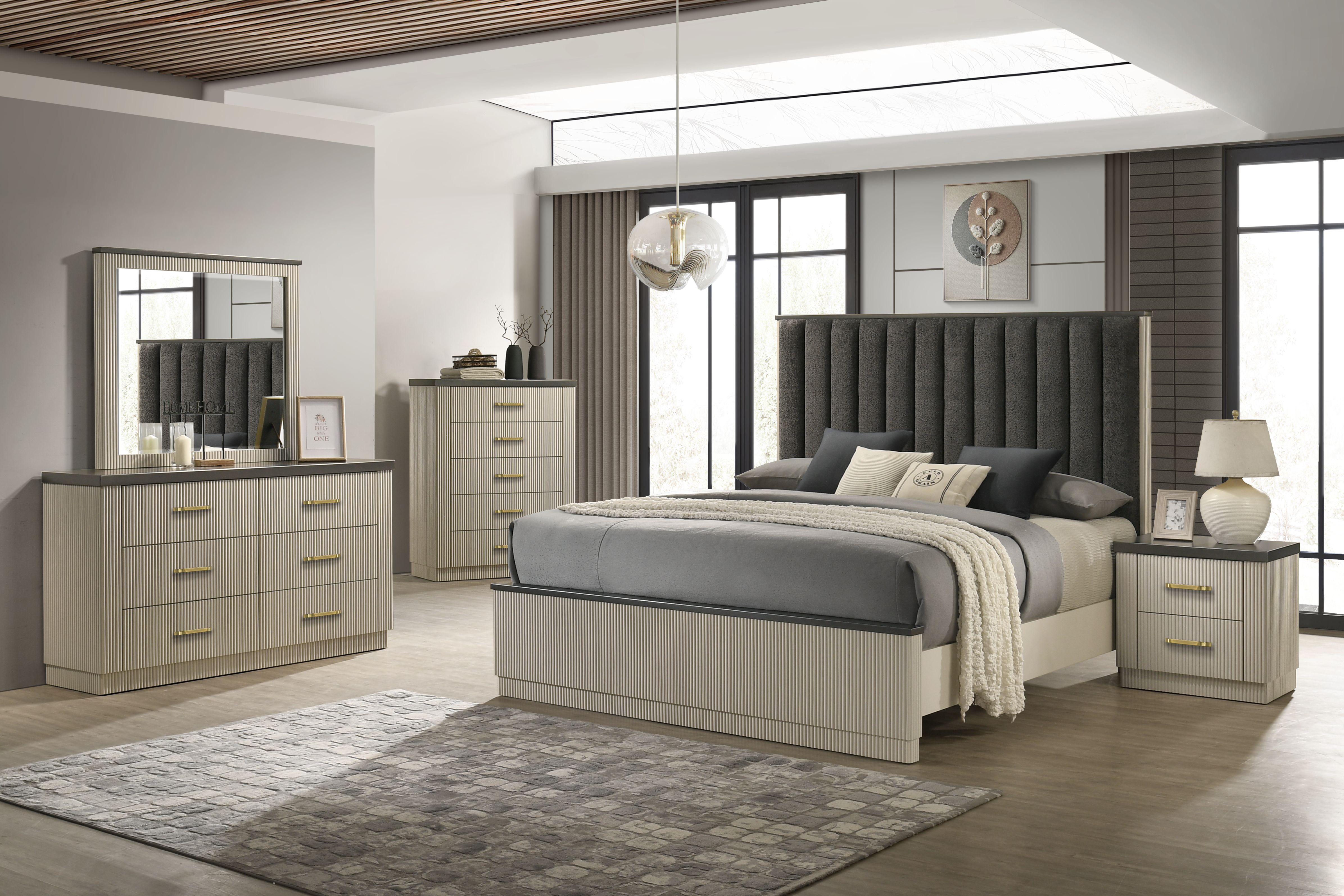 Casey 6-Drawer Double Dresser Wide Fluted Cream Wood Dresser with Charcoal Top & Gold Handles