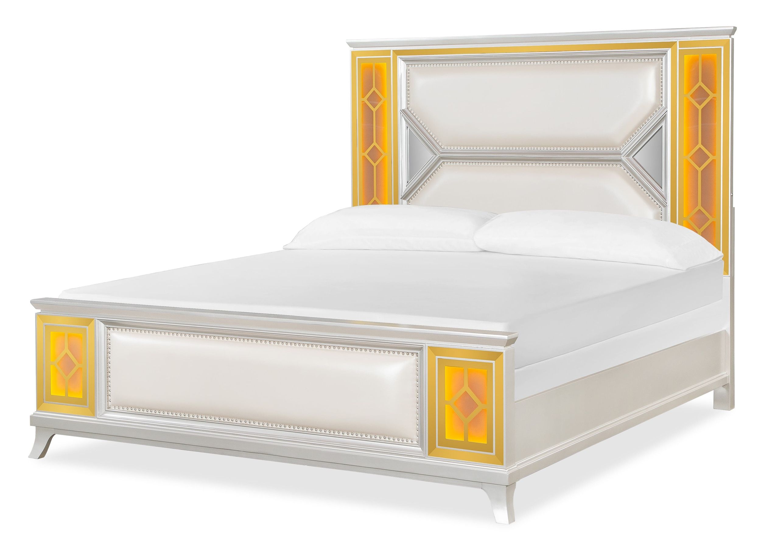 Claire Bedroom Set Gloss Glam Bedroom Furniture with Gold LED Panels & Mirrored Accents