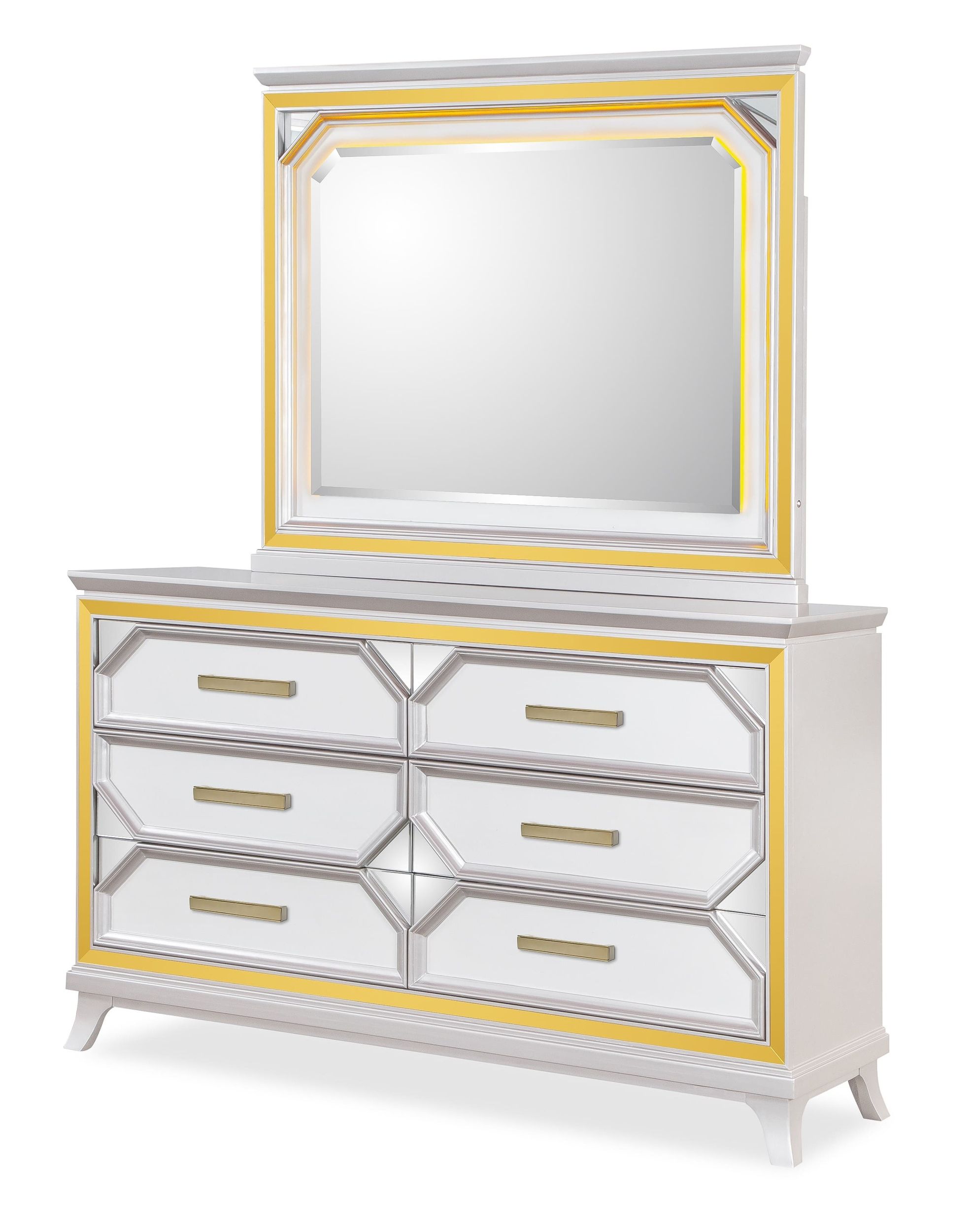 Claire Bedroom Set Gloss Glam Bedroom Furniture with Gold LED Panels & Mirrored Accents