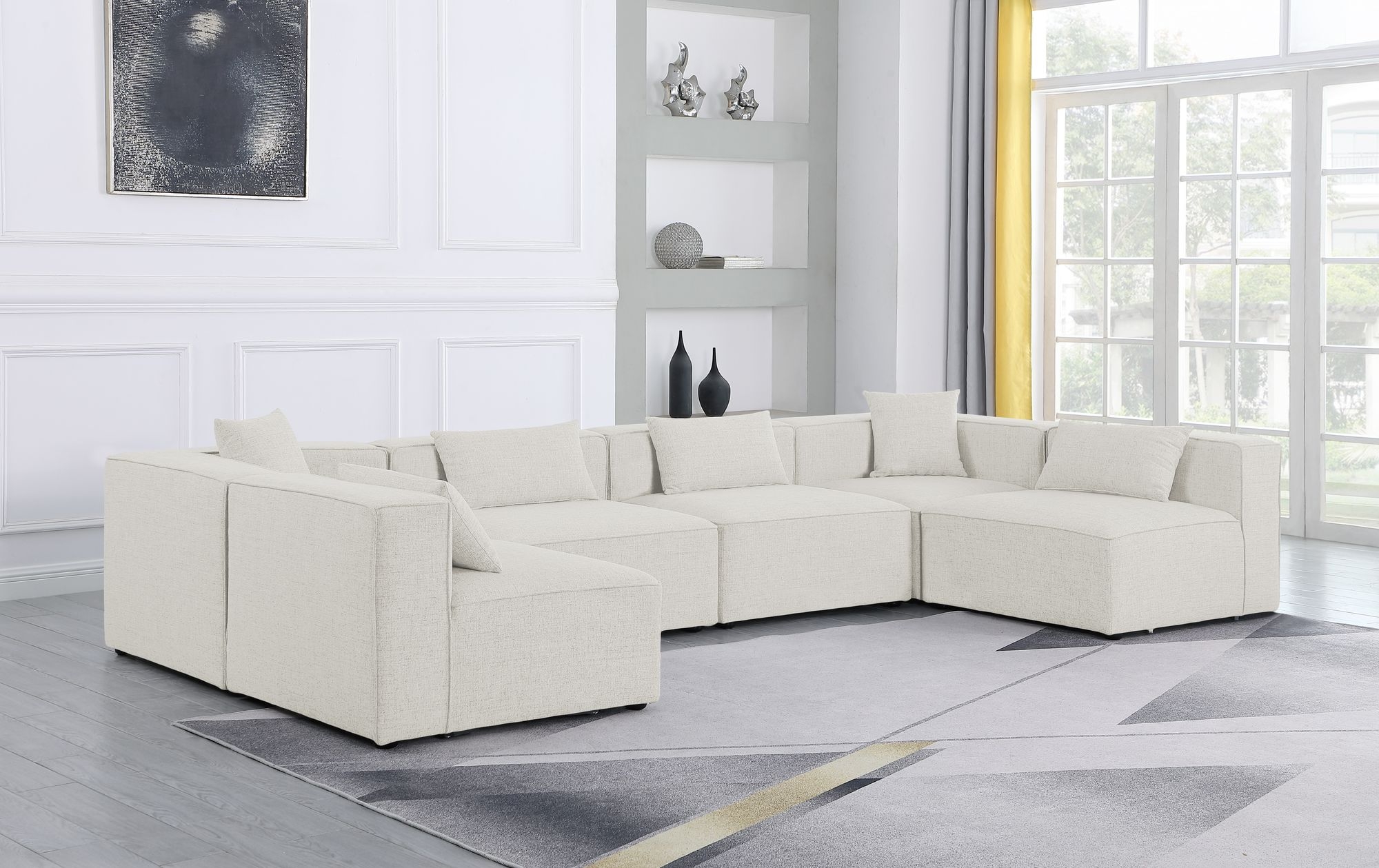 Cube 144" 6-Piece Linen Fabric Modular Corner U-Shape Sectional