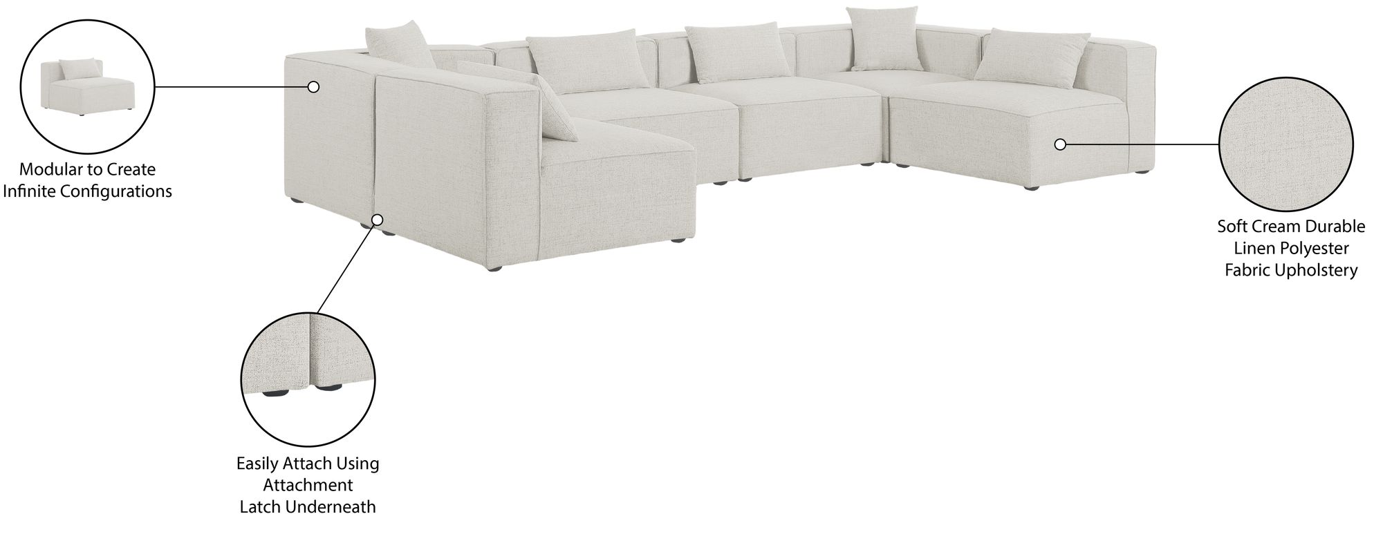Cube 144" 6-Piece Linen Fabric Modular Corner U-Shape Sectional