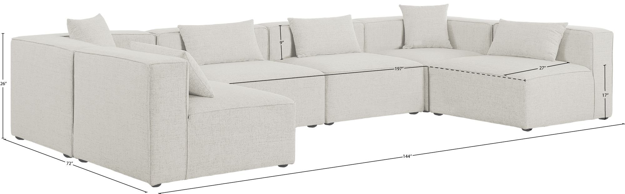 Cube 144" 6-Piece Linen Fabric Modular Corner U-Shape Sectional