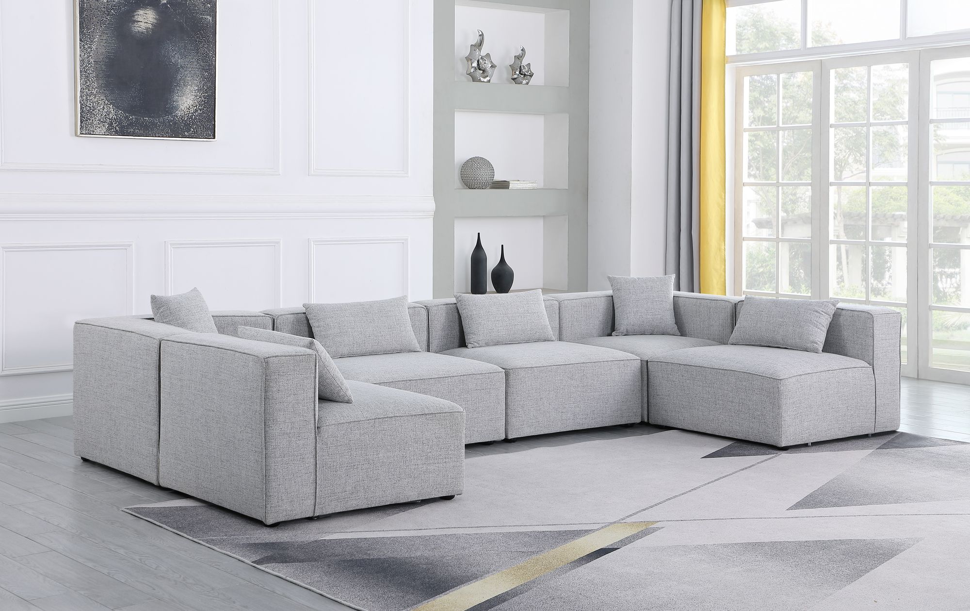 Cube 144" 6-Piece Linen Fabric Modular Corner U-Shape Sectional