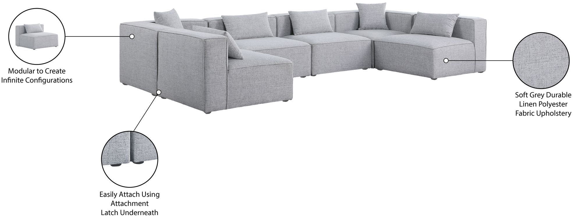 Cube 144" 6-Piece Linen Fabric Modular Corner U-Shape Sectional