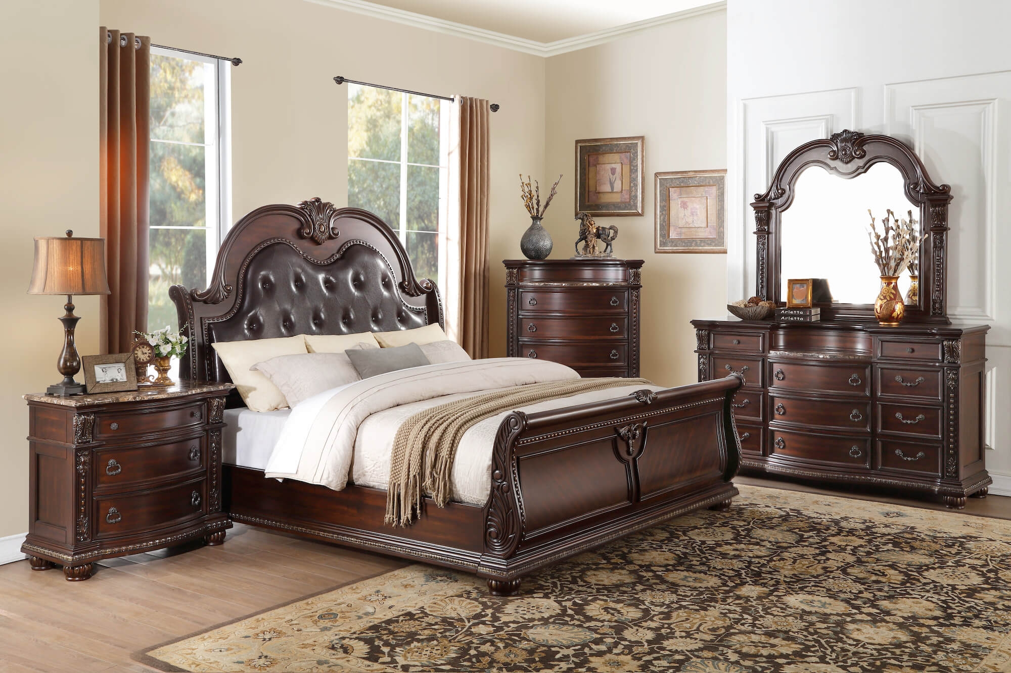 Cavalier Leatherette/Wood/Wood Veneer Tufted Sleigh Bed, Queen Size