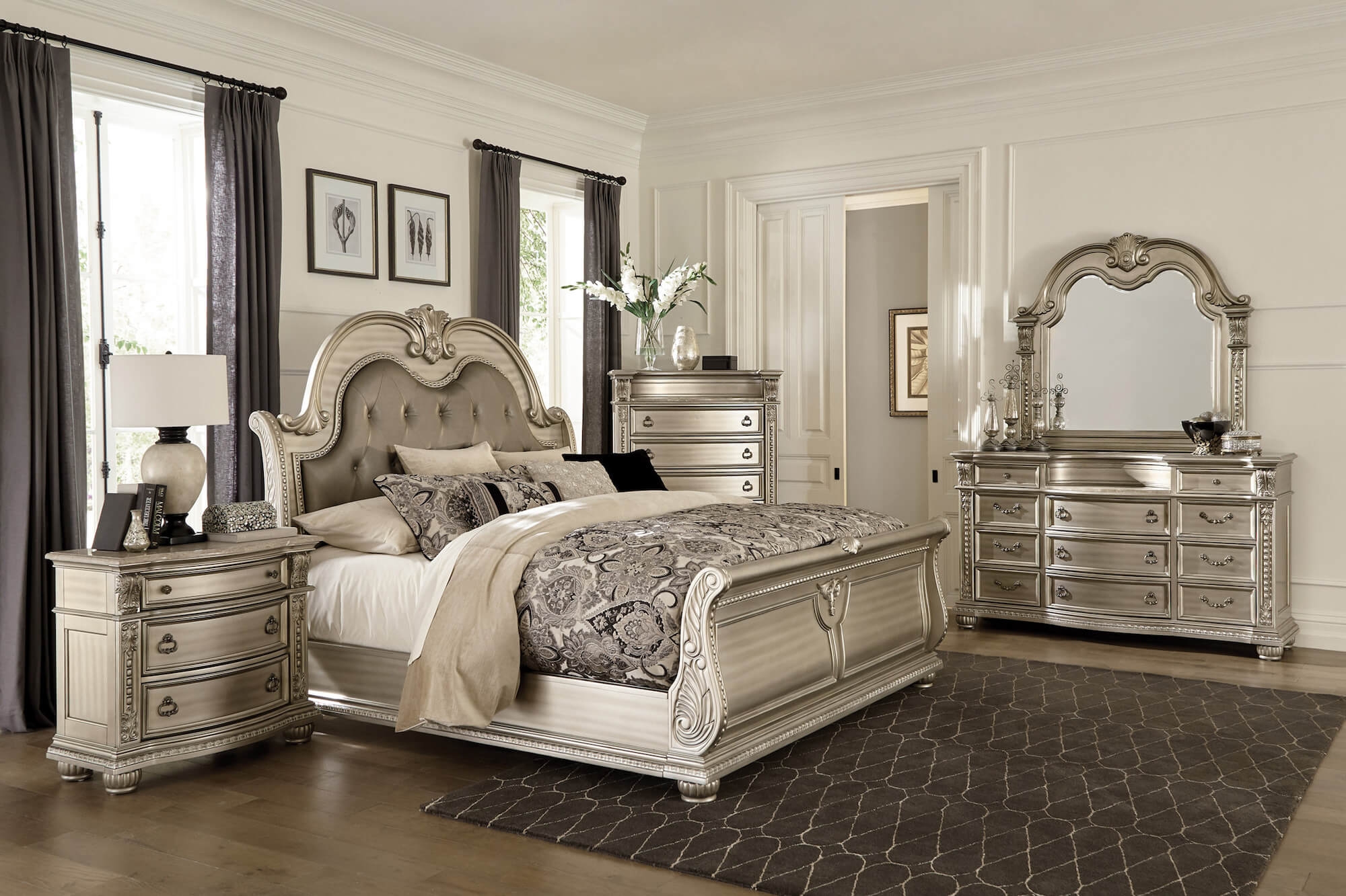 Homelegance Cavalier Leatherette Tufted Sleigh Bedroom Set, Silver