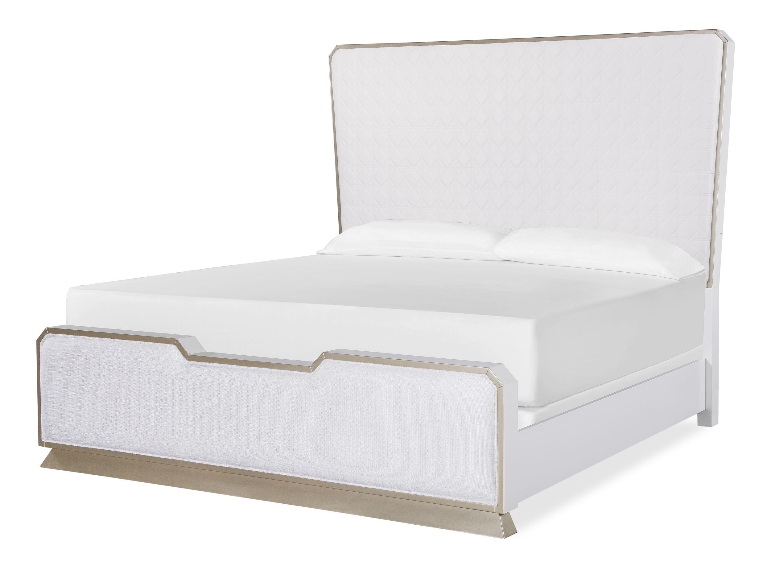 Dior Upholstered Bed White Quilted Fabric Platform Bed with Champagne Wood Frame & Curved Headboard