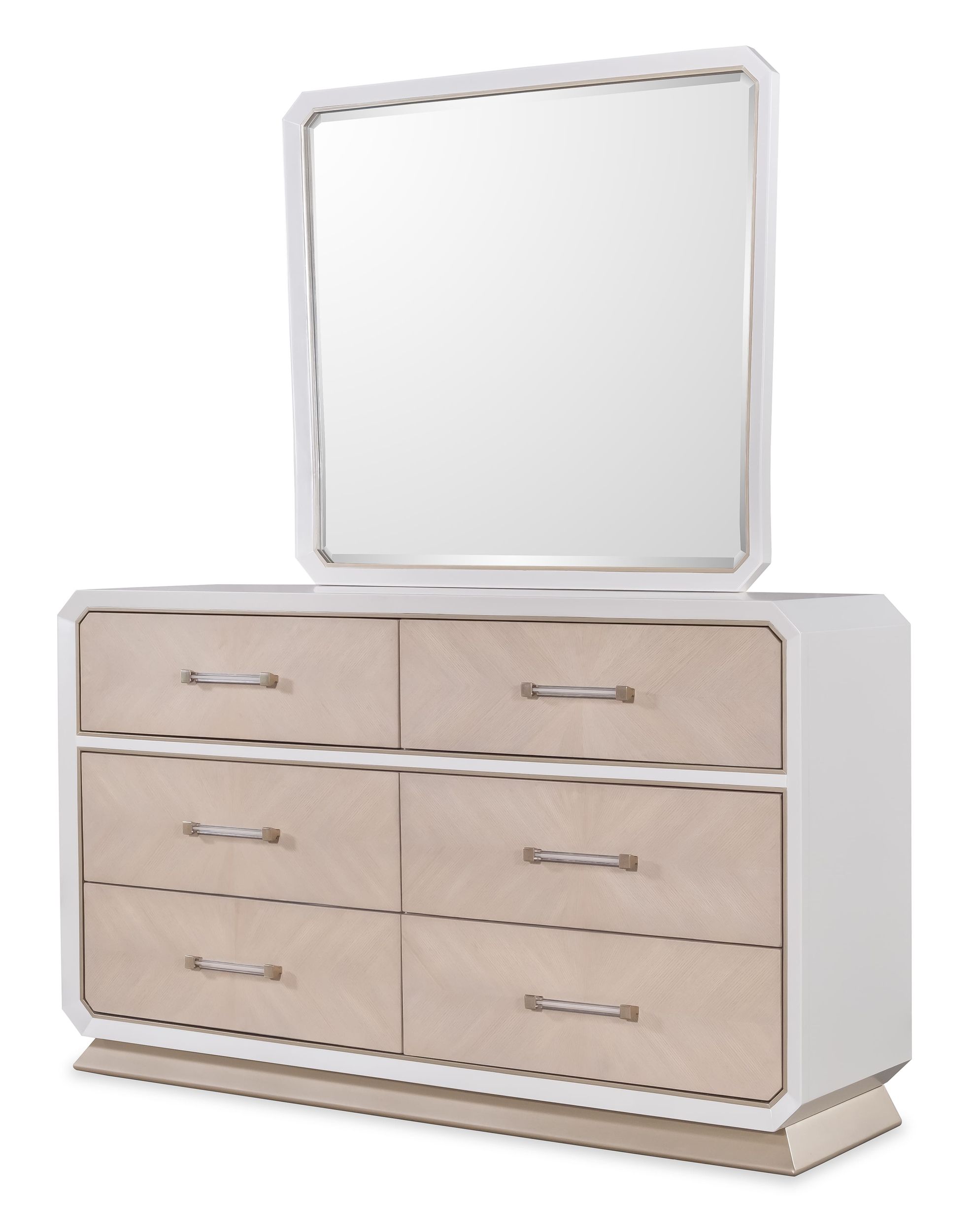 Dior 6-Drawer Double Dresser White & Champagne Two-Tone Wide Dresser with Silver Hardware