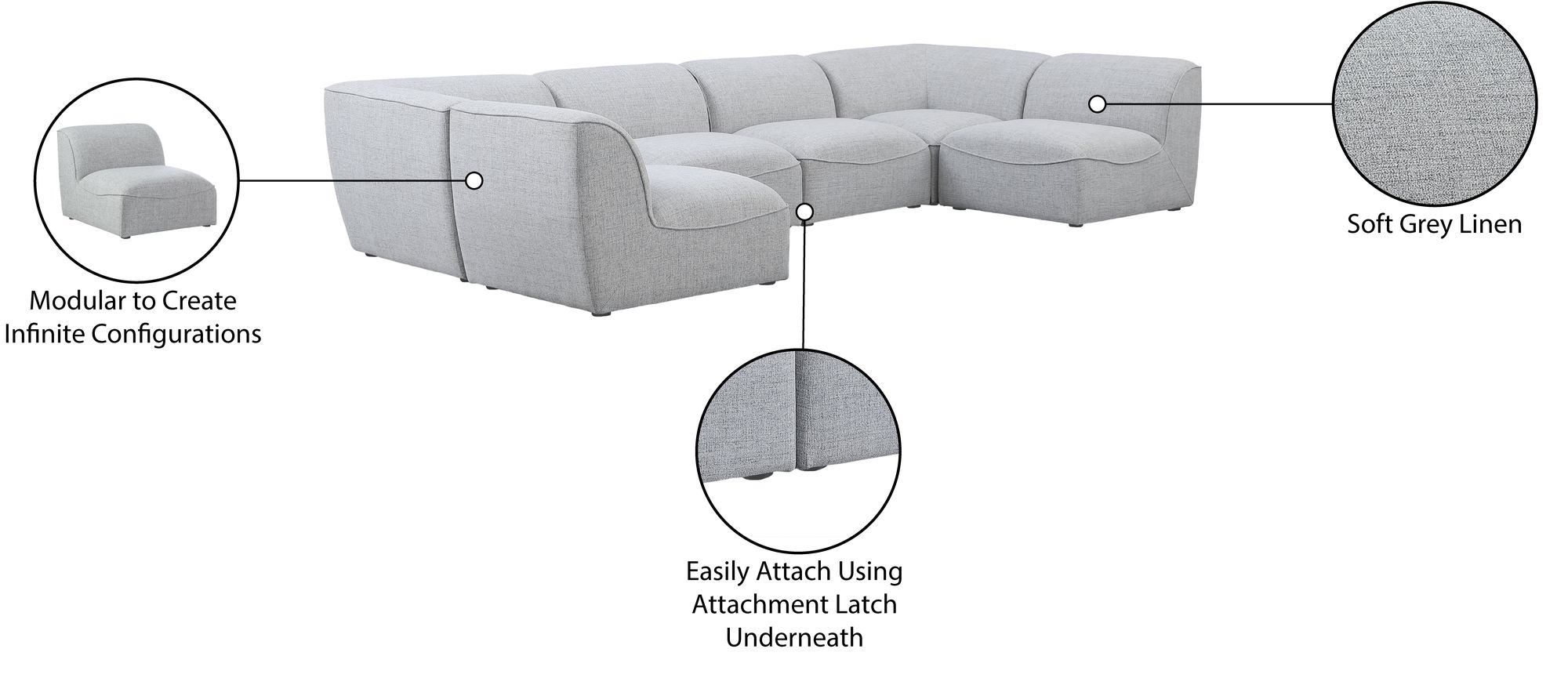 Miramar 142" 6-Piece Linen Fabric Modular U-Shape Corner Sectional Sofa