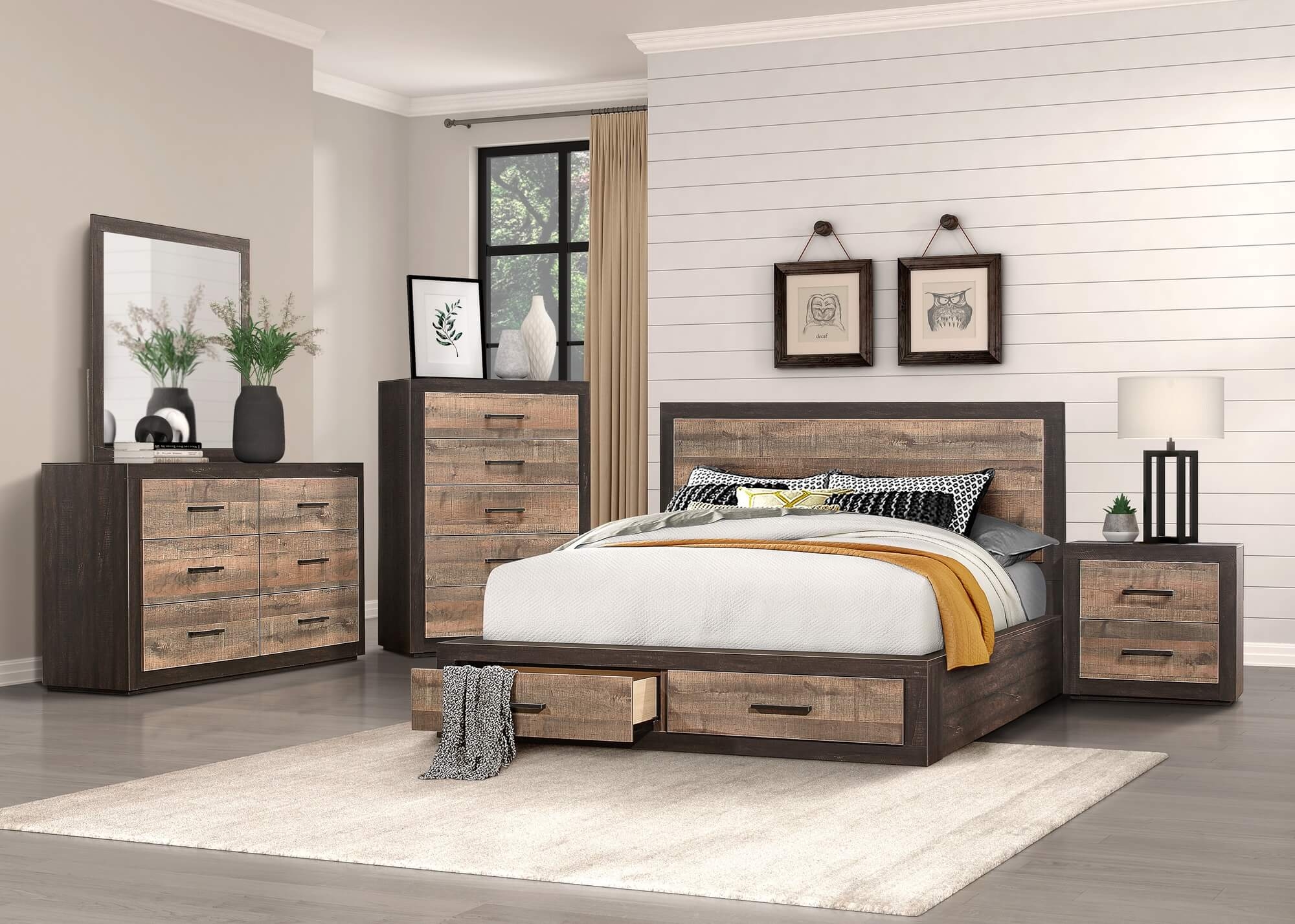 Miter Wood/Wood Veneer Platform Bed w/ Footboard Storage