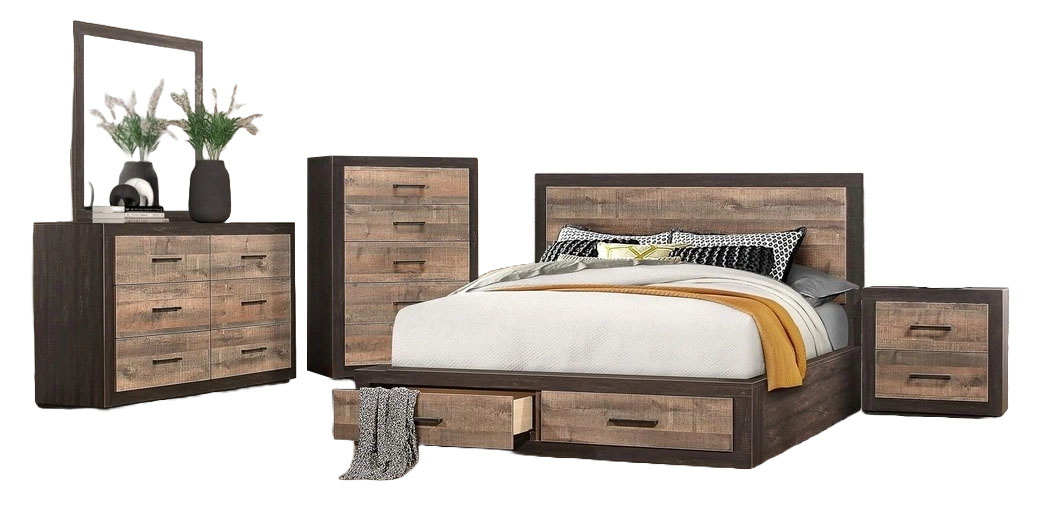 Miter Wood/Wood Veneer Platform Bedroom Set w/ Footboard Storage
