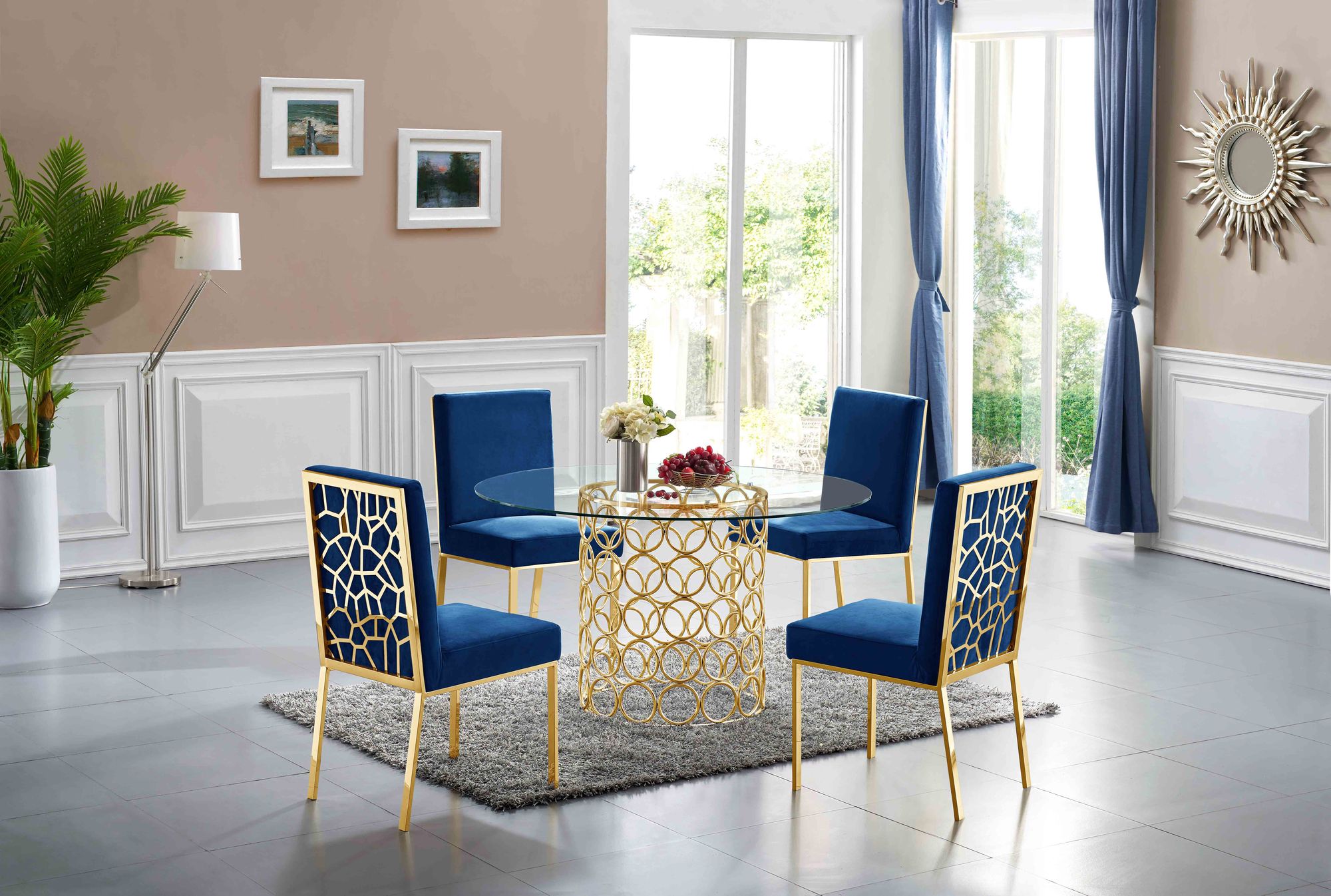 Opal 54" Round Glass Dining Table with Gold Stainless Steel Base