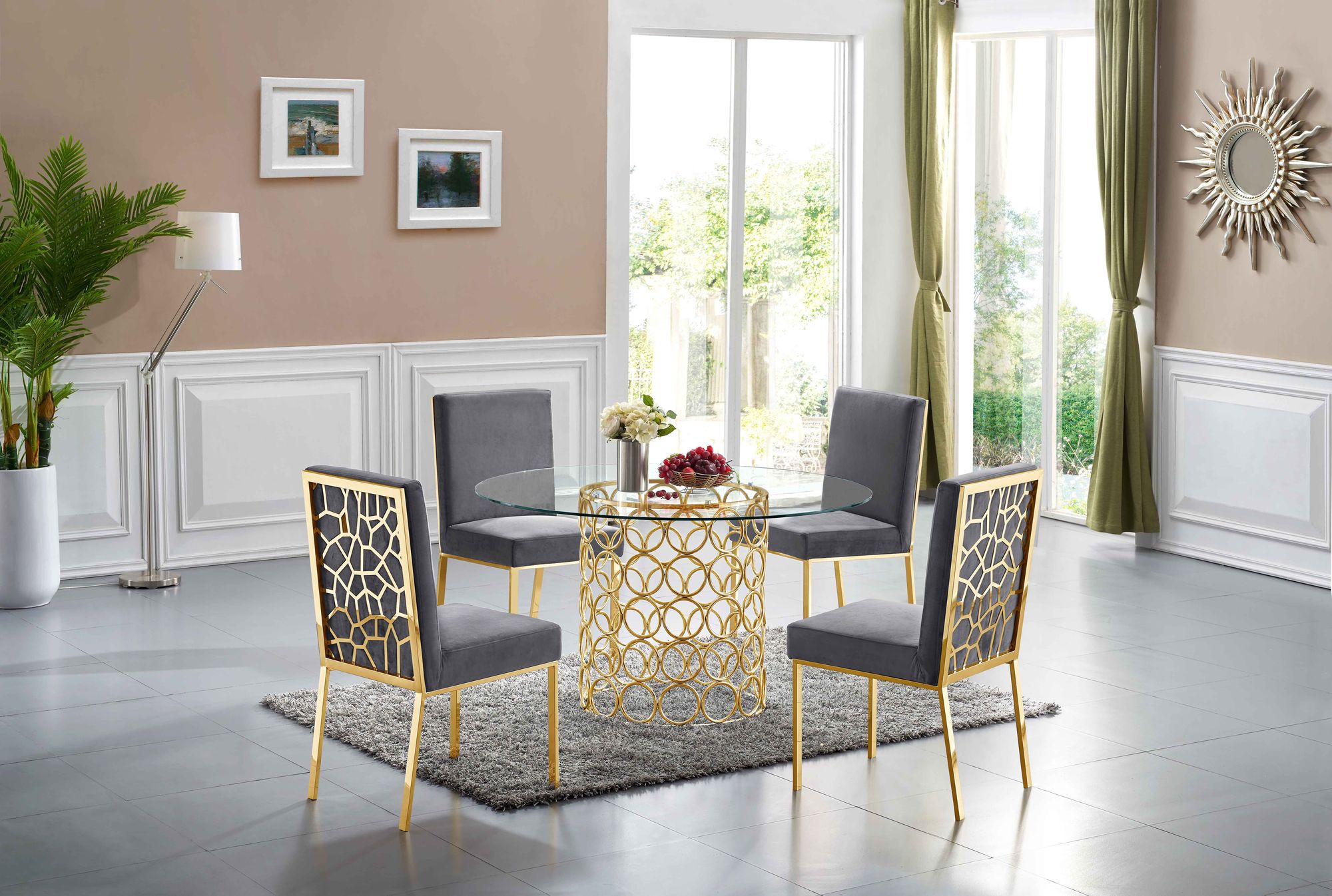 Opal 54" Round Glass Dining Table with Gold Stainless Steel Base
