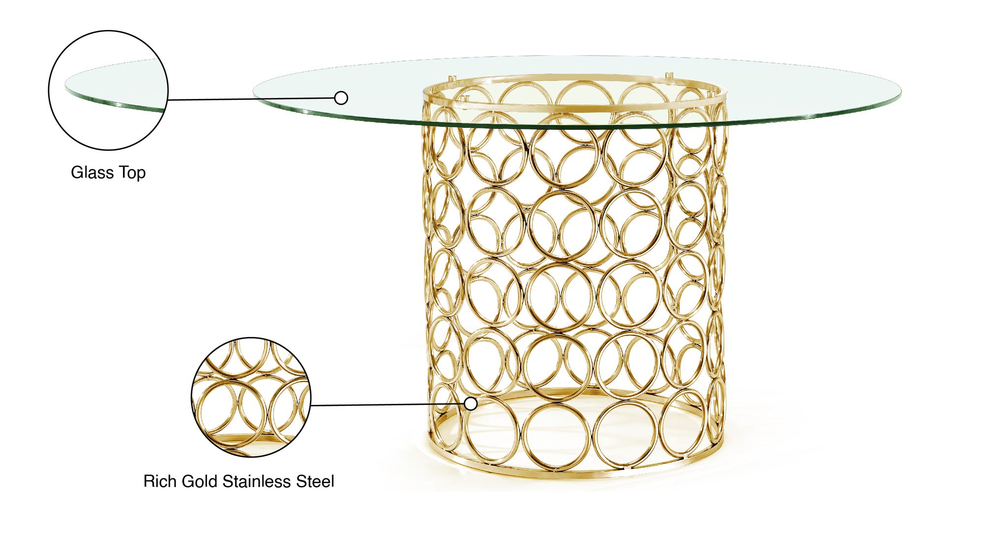 Opal 54" Round Glass Dining Table with Gold Stainless Steel Base