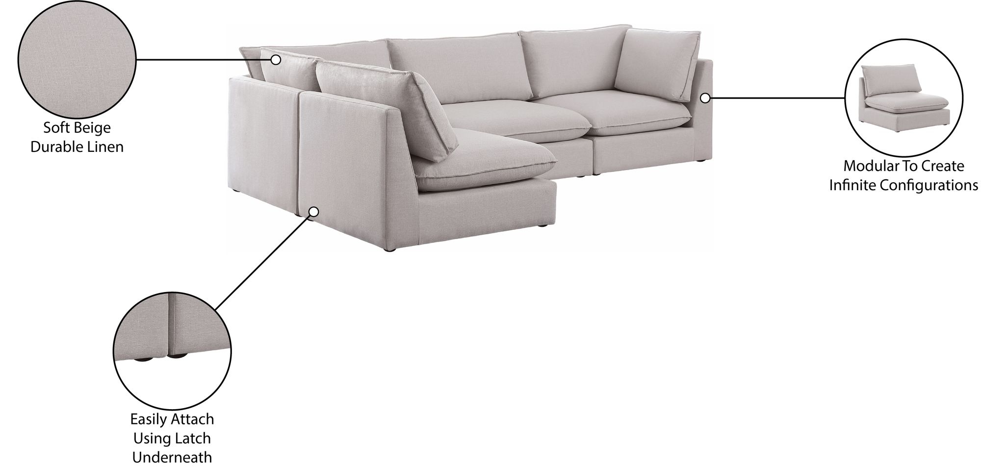 Mackenzie 120" 4-Piece Linen Fabric Modular Corner Sectional Sofa