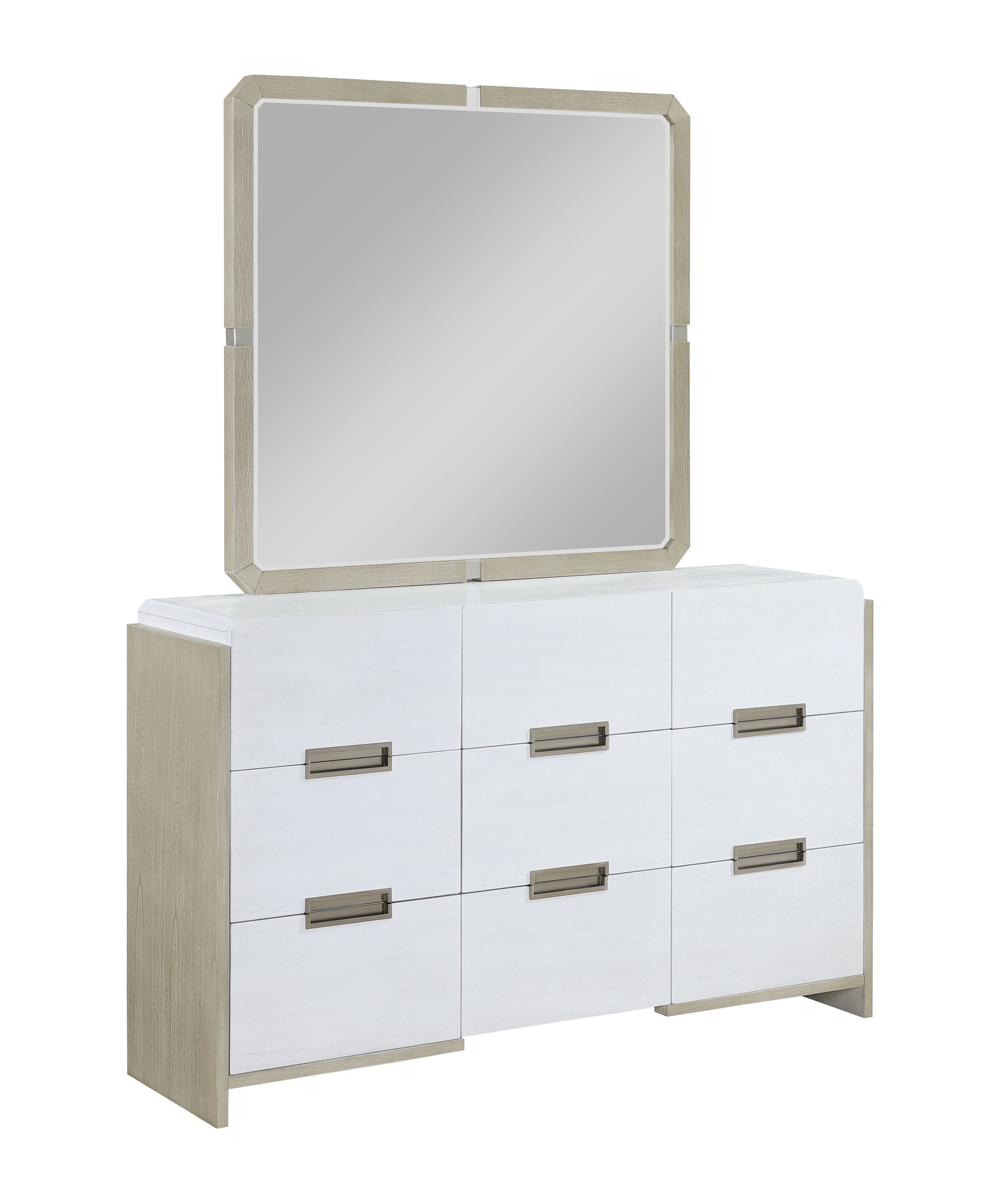 Arden 9-Drawer Double Dresser Two-Tone White Gloss & Driftwood with Brushed Gold Pulls