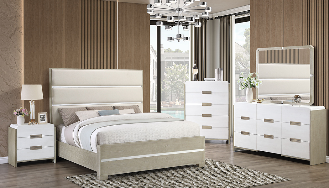 Arden 5-Drawer Chest of Drawers High-Gloss White with Driftwood Accents & Gold Handles