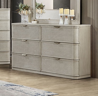 Fiji Bedroom Set Woven Wood Upholstered Bedroom Furniture with Gold Accents