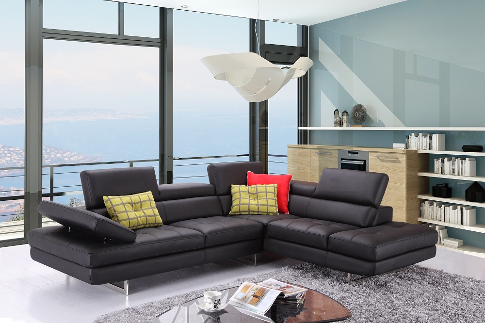 A761 Italian Leather Sectional, Right Arm Chaise, Slate Black by J&M Furniture