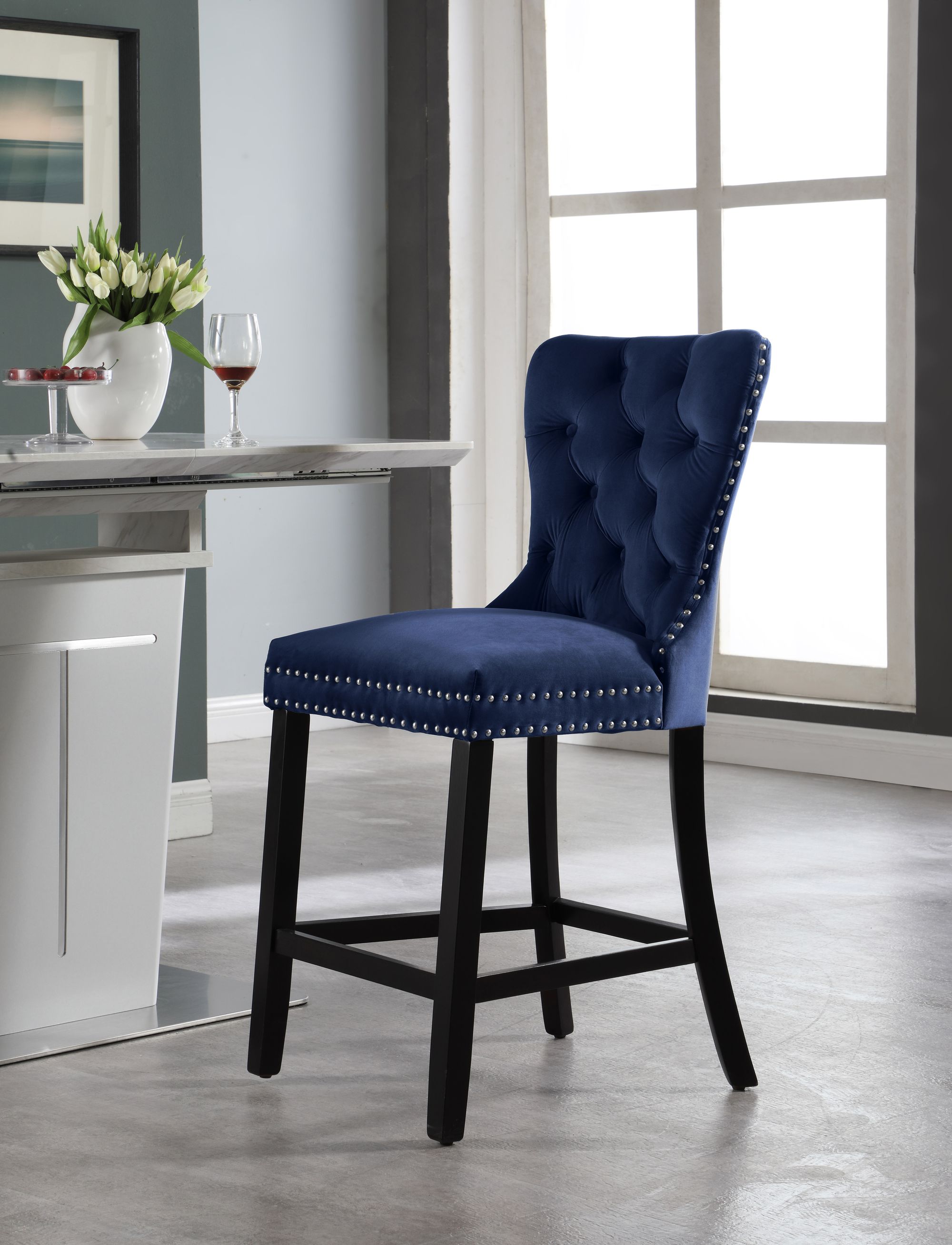 Nikki Velvet Counter Stool with Espresso Wood Legs