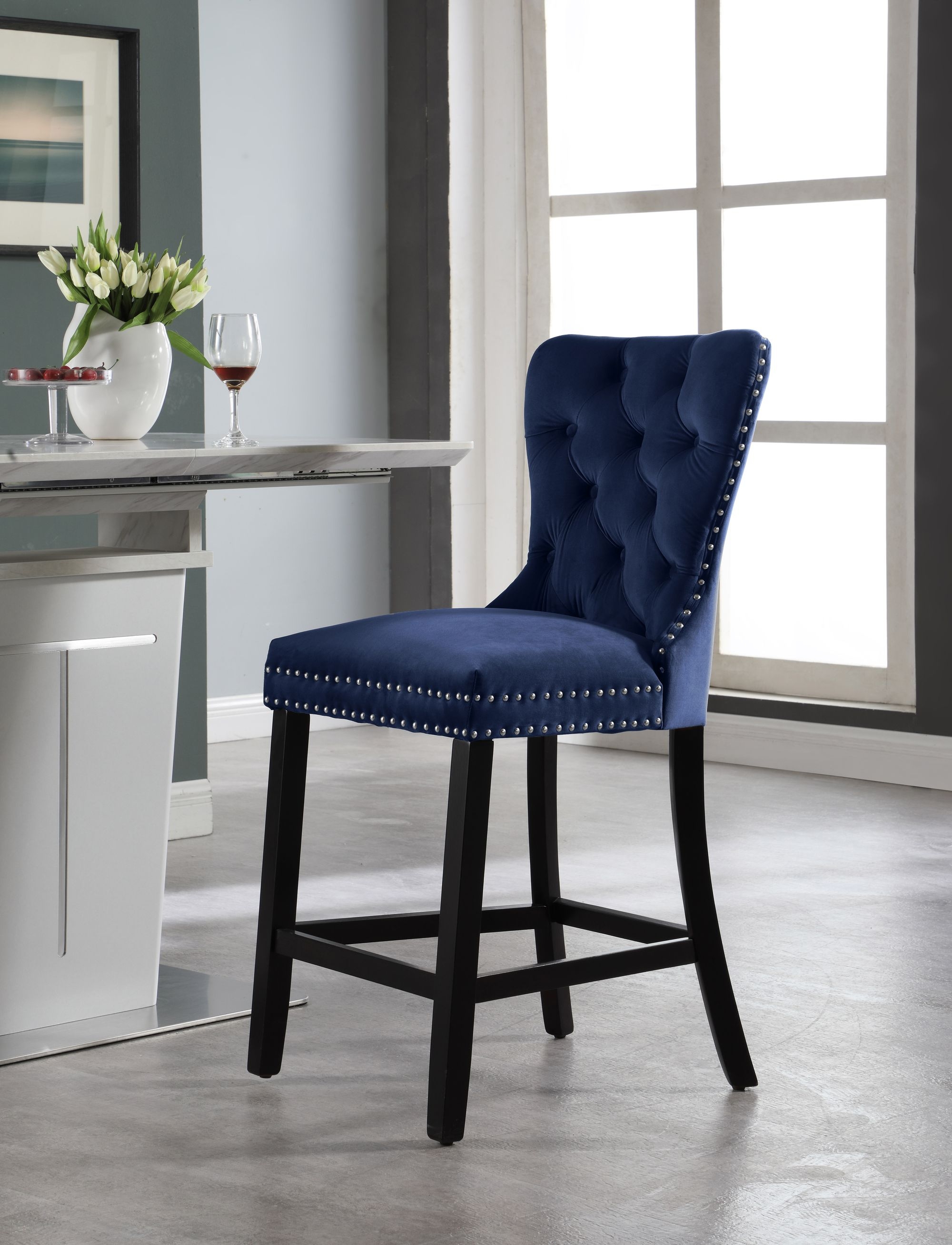 Nikki Velvet Counter Stool with Espresso Wood Legs