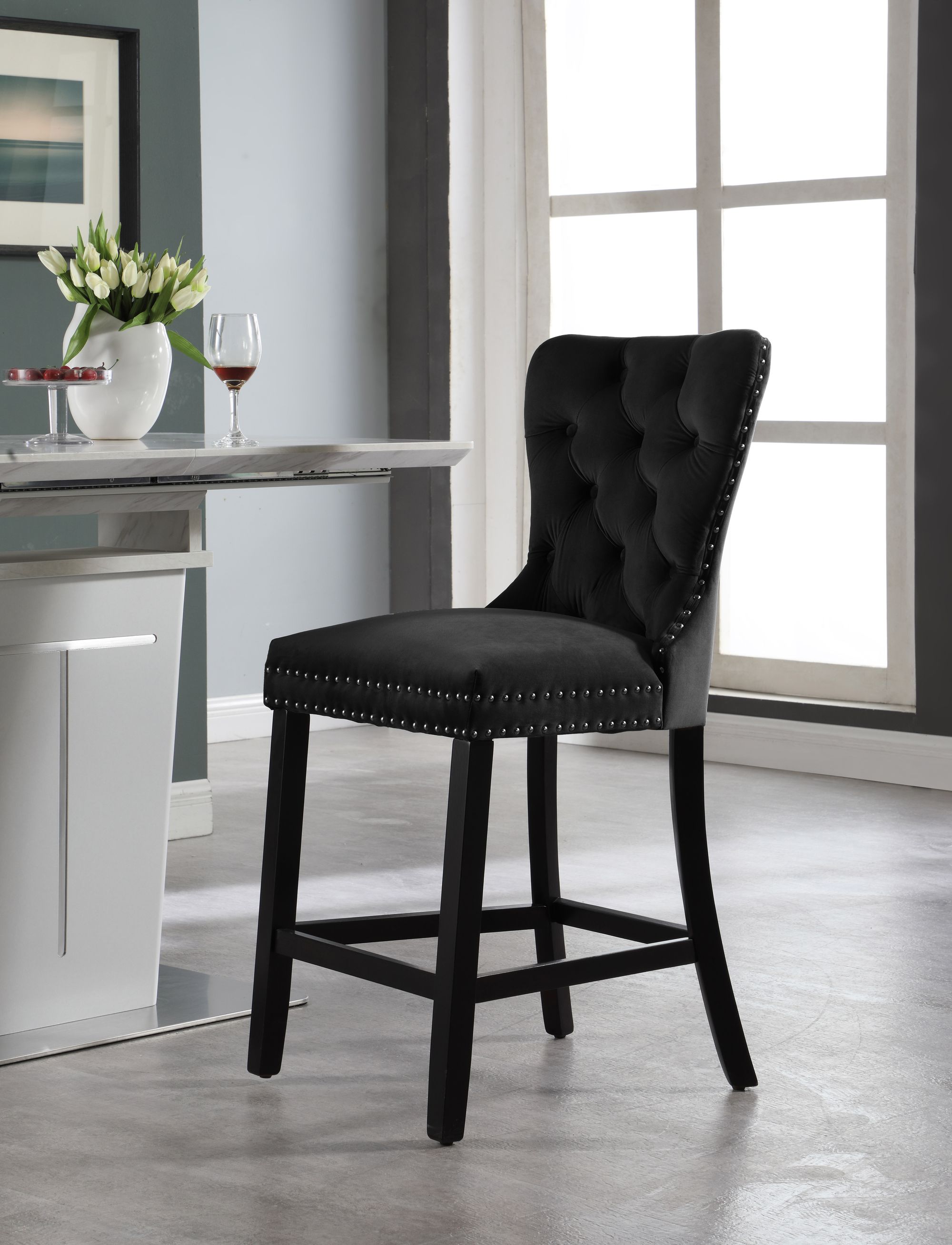 Nikki Velvet Counter Stool with Espresso Wood Legs