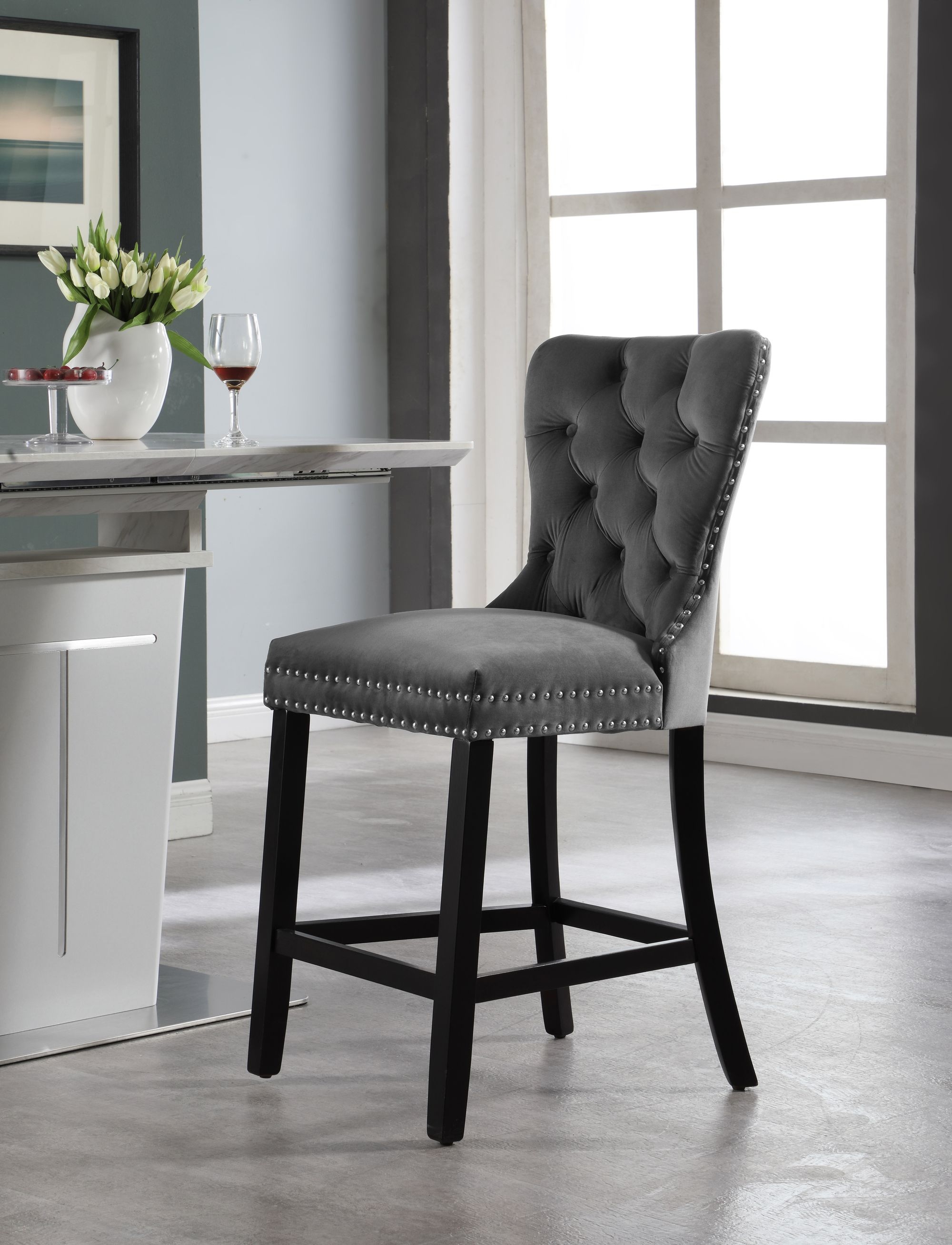 Nikki Velvet Counter Stool with Espresso Wood Legs