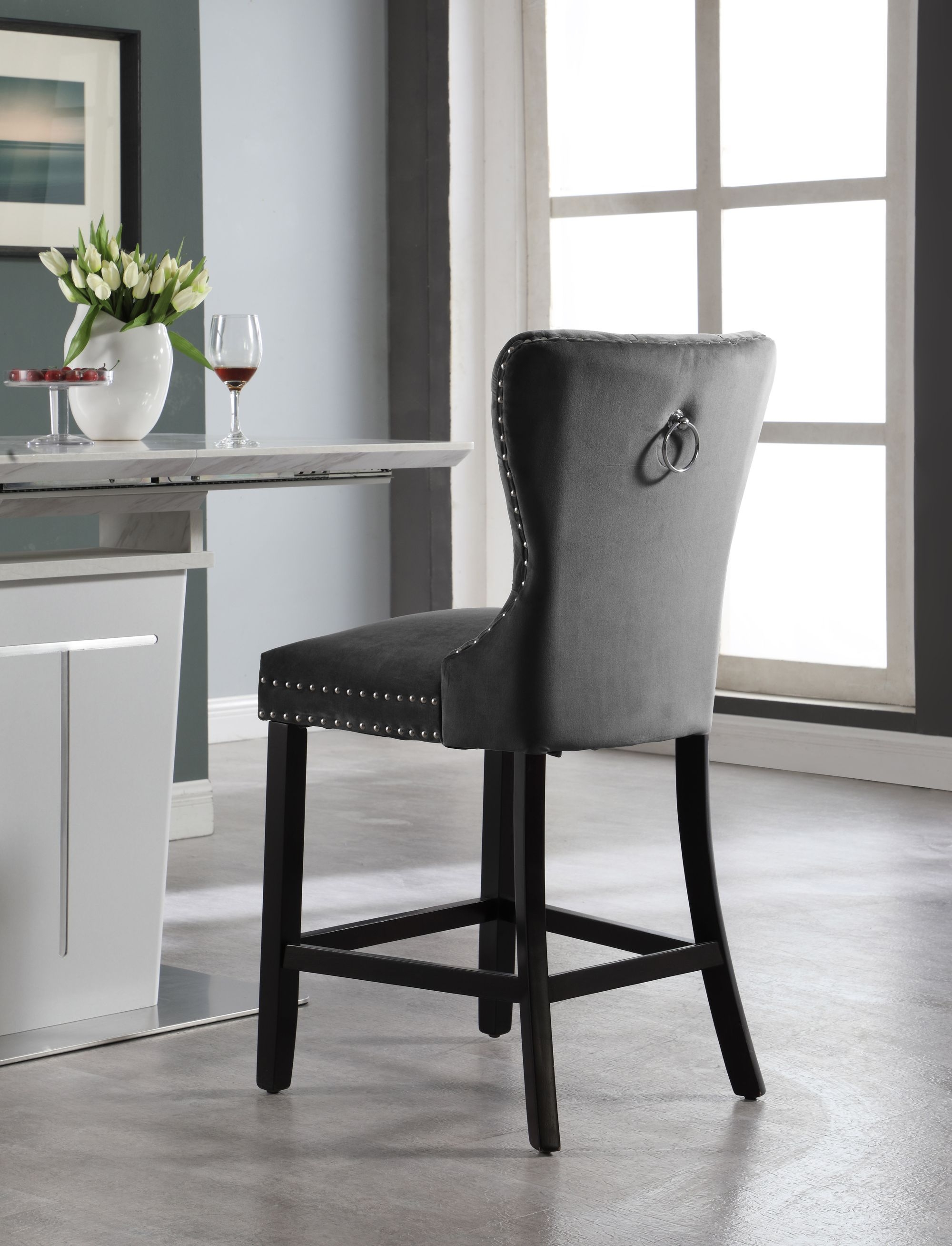 Nikki Velvet Counter Stool with Espresso Wood Legs