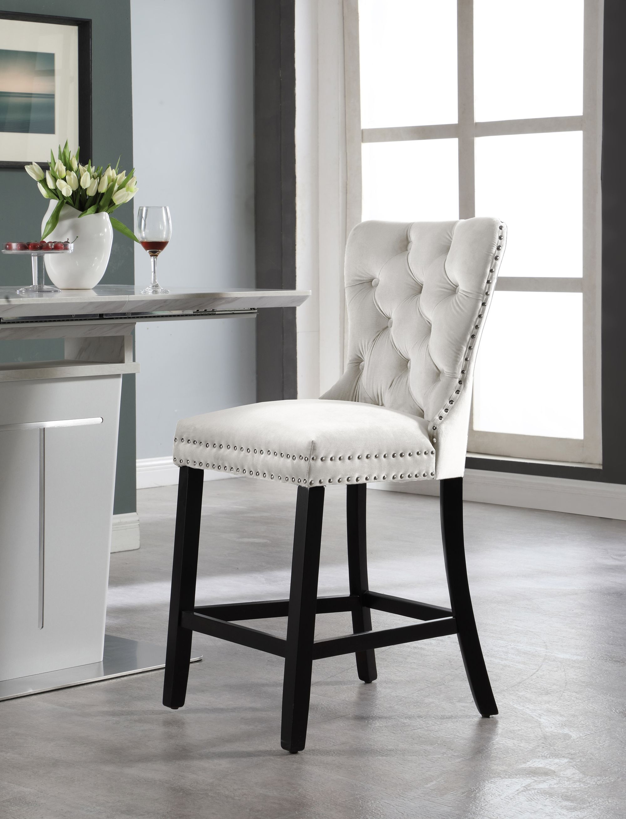 Nikki Velvet Counter Stool with Espresso Wood Legs