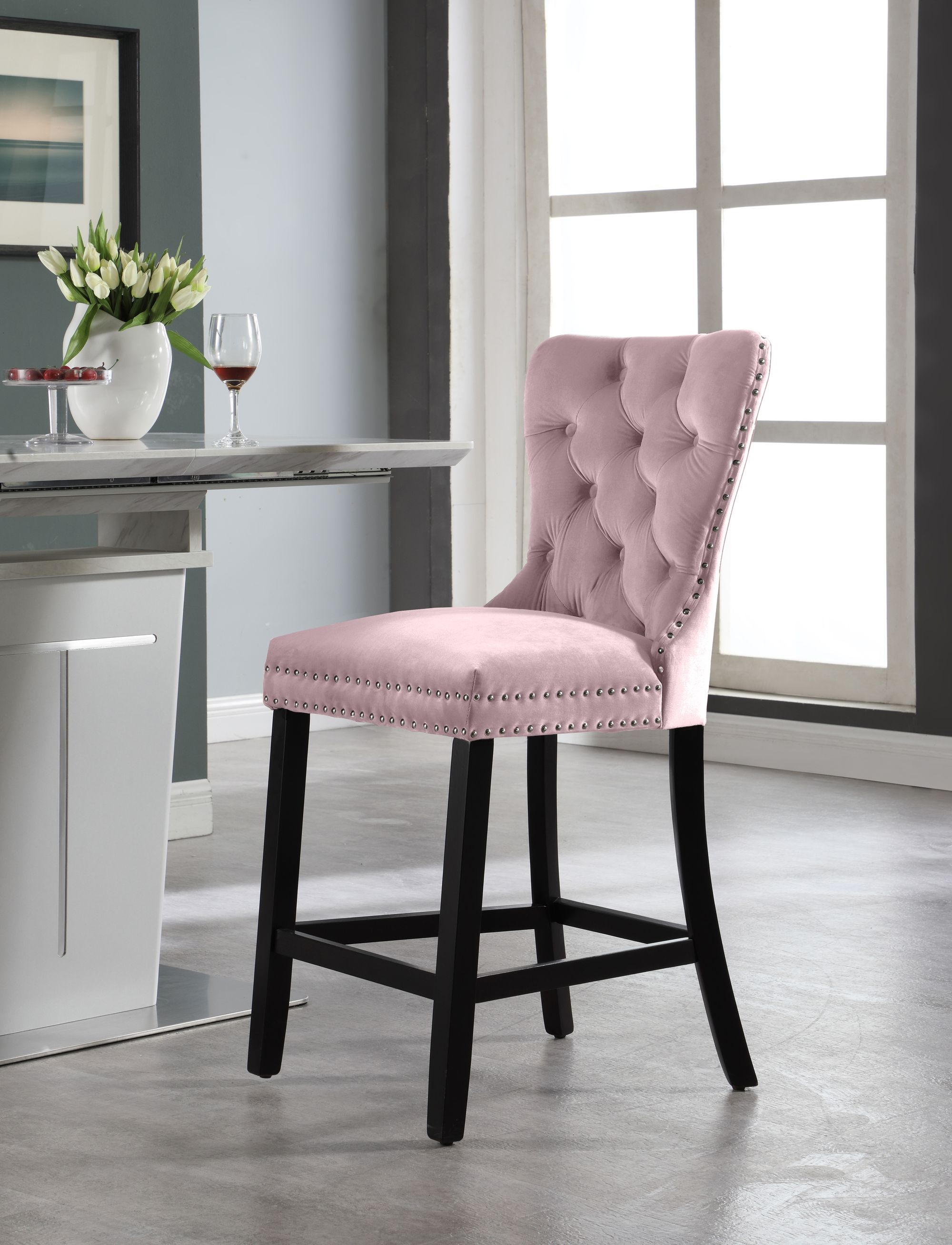 Nikki Velvet Counter Stool with Espresso Wood Legs