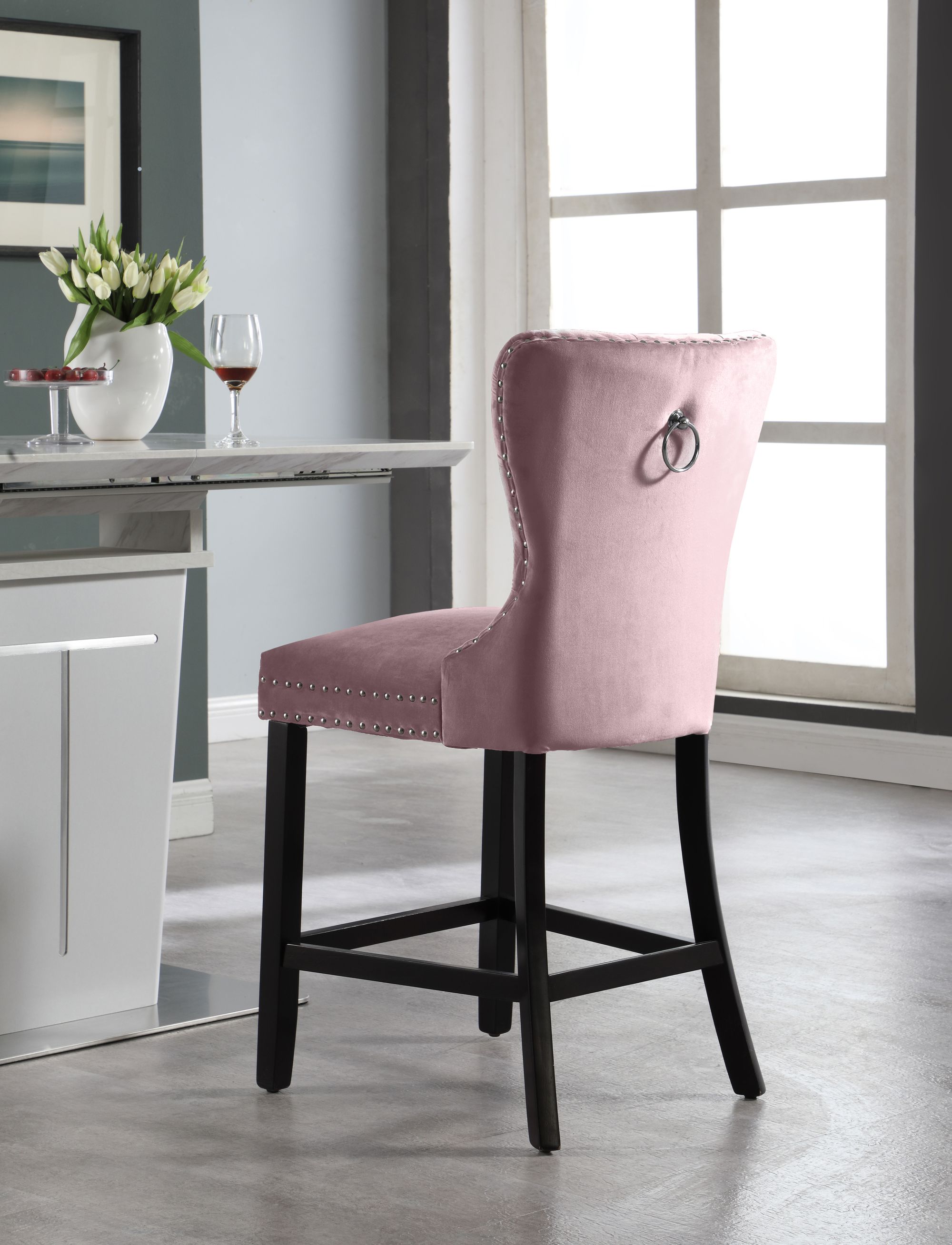 Nikki Velvet Counter Stool with Espresso Wood Legs