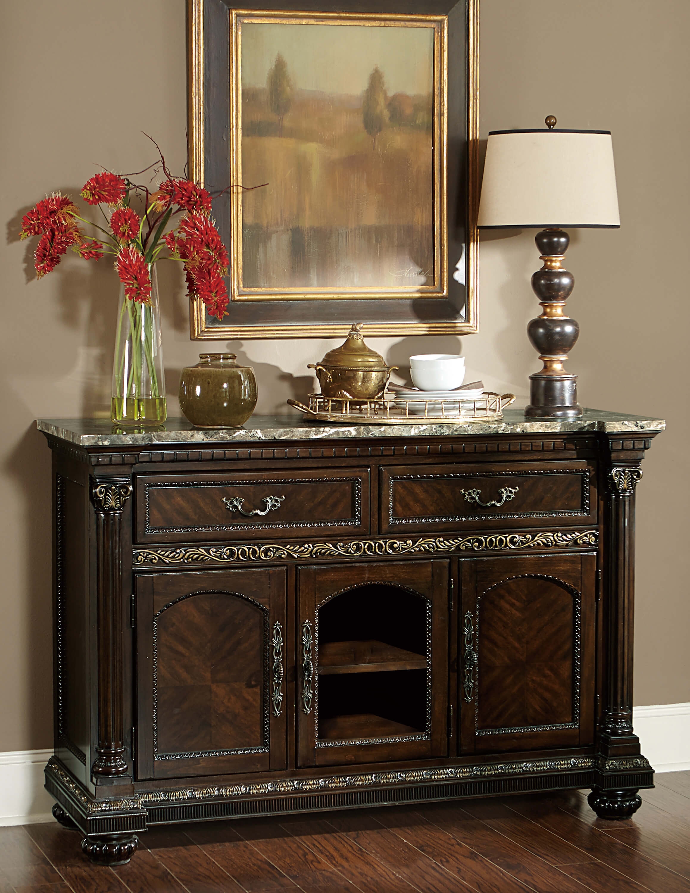Russian Hill Classic Faux Marble Top Wood Buffet
