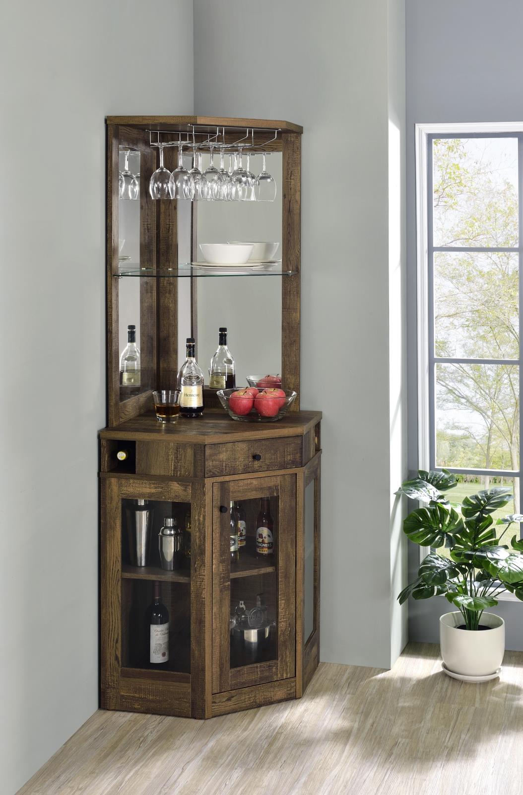 Alviso Wood Veneer/Glass Corner Bar Cabinet with Stemware Rack