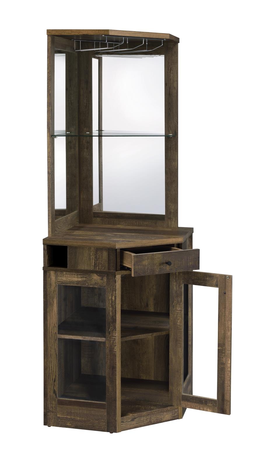 Alviso Wood Veneer/Glass Corner Bar Cabinet with Stemware Rack