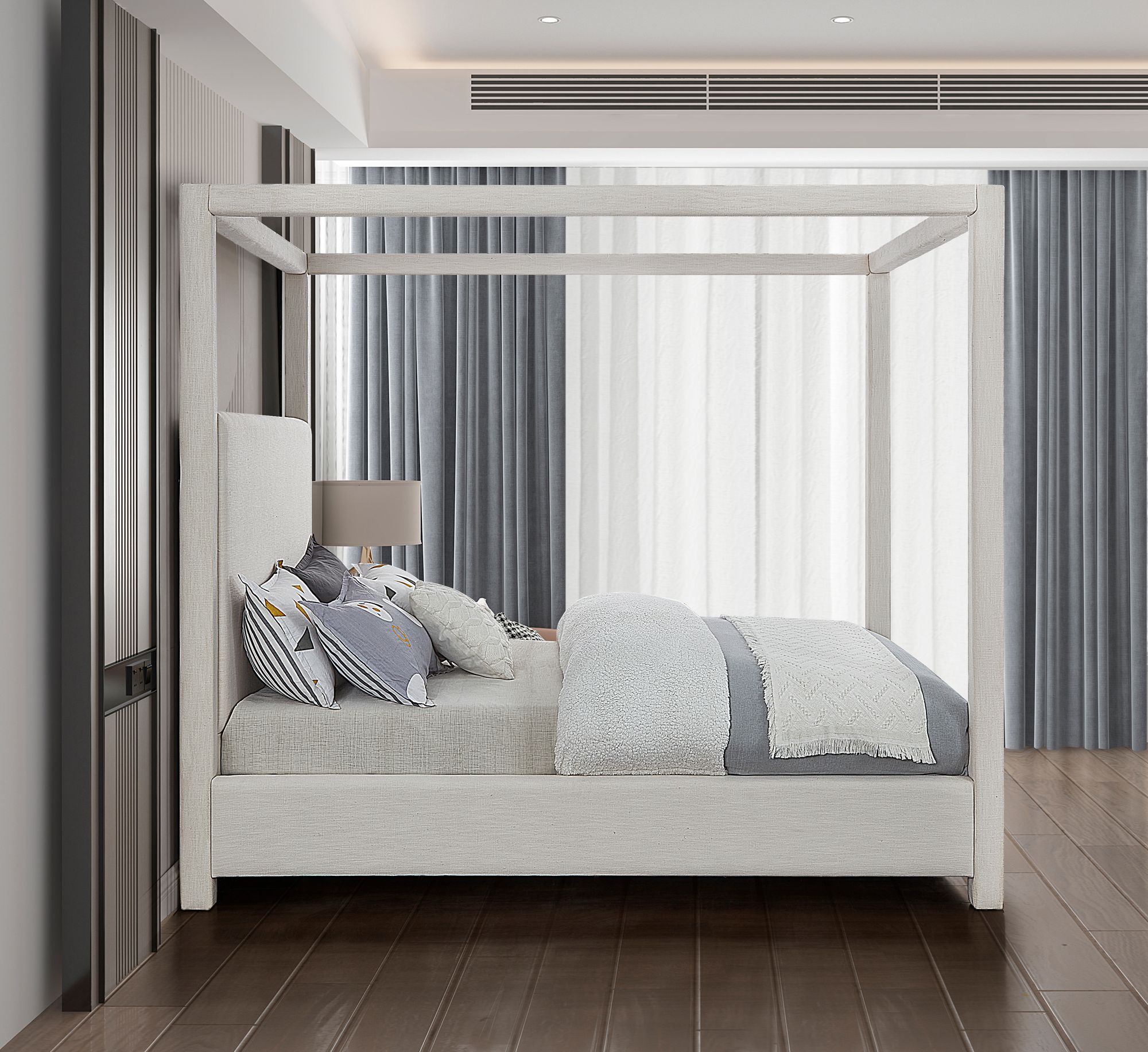 Emerson Linen Fabric Queen Size Canopy Bed