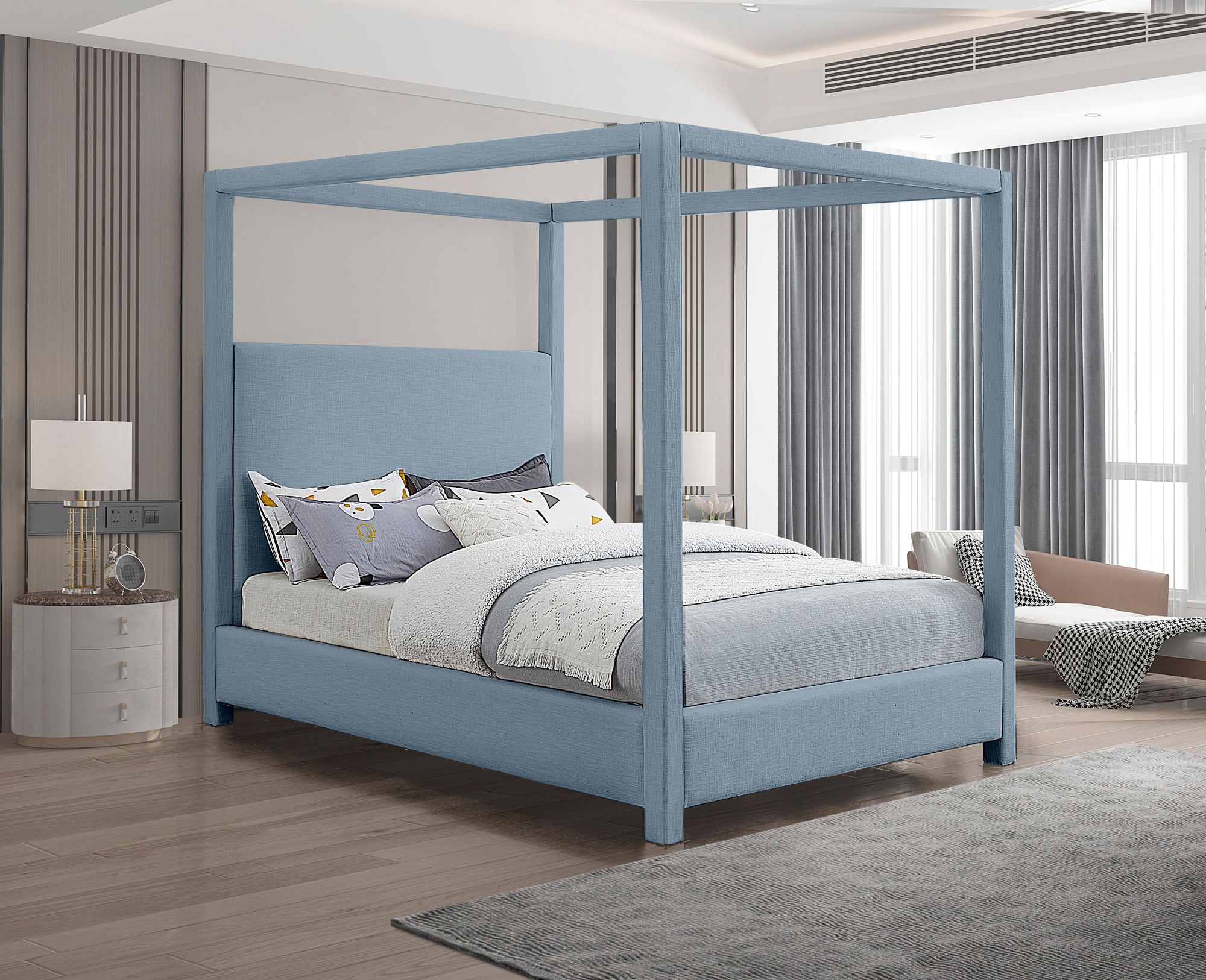 Emerson Linen Fabric Queen Size Canopy Bed